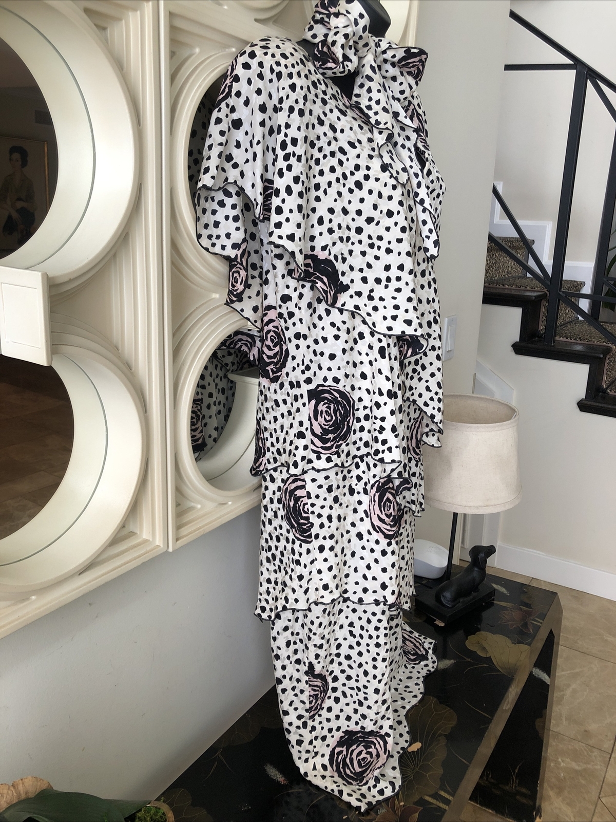 Holly Harp vintage 80s tiered floral & polk dot dress with pussy bow neck sash S
