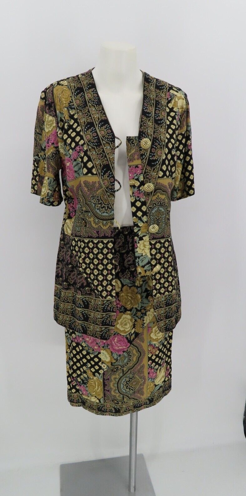 Vtg Lady Carol Of New York 2 Piece Dress Set Floral Cottagecore Black Pink SZ10