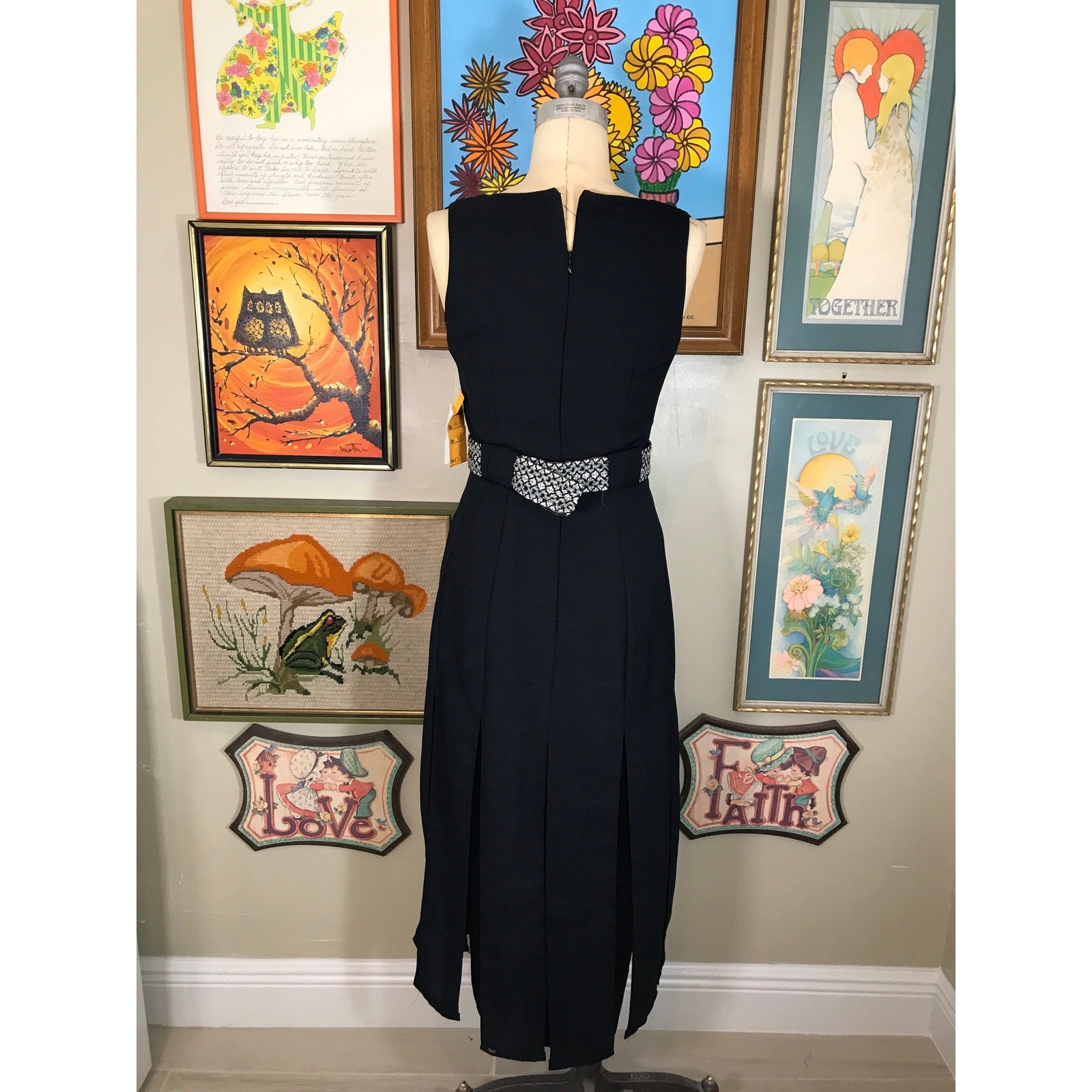 Late Edition Ltd 1990s Black Car Wash Dress V-Neck Silver Weave Belt Slit Skirt