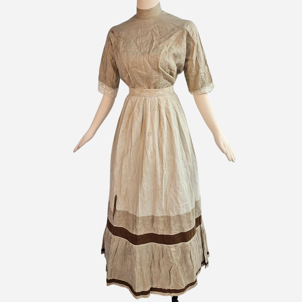 Antique Victorian Edwardian Linen Rare Prairie Dress Set Gown 1890s 1900s Lace