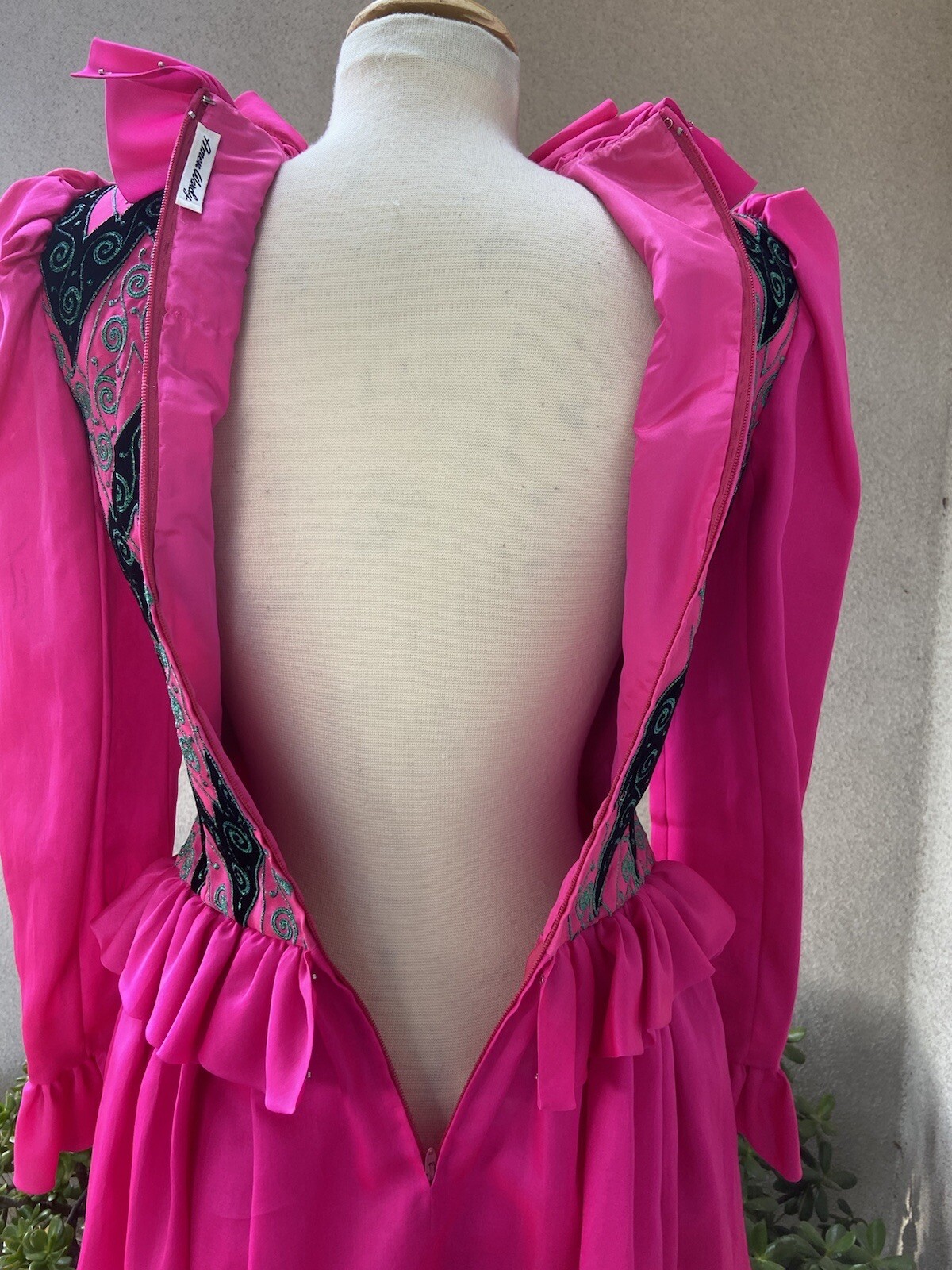 Vtg Amen Wardy designer neon chiffon dress ruffles embroidery XS/S P