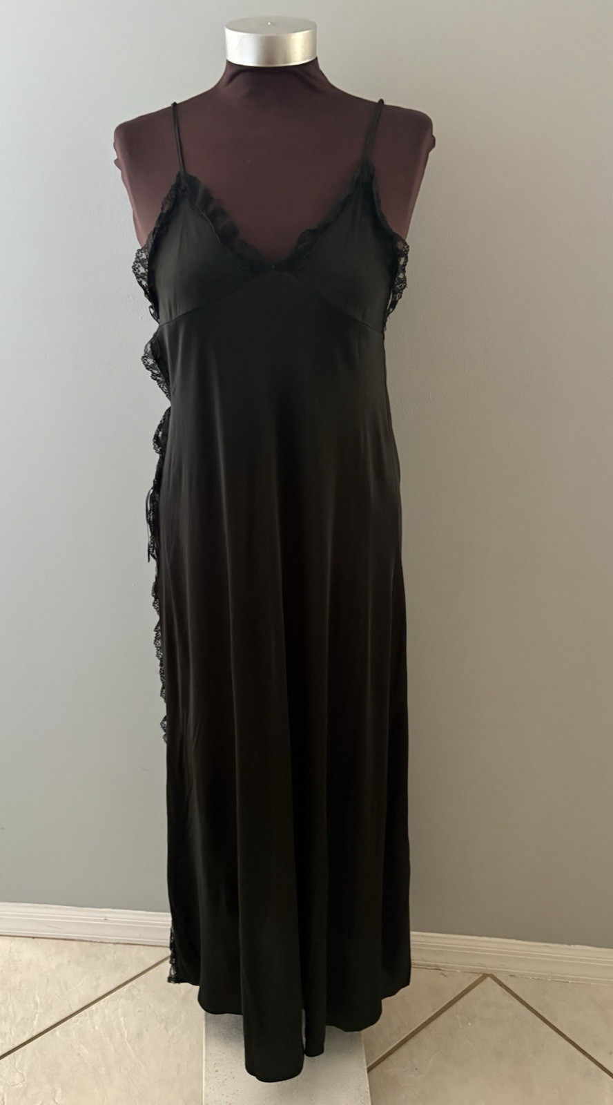 Vintage Miss Selfridge Sheer Dress Nightgown Black Lace Cut Out Side Romantic