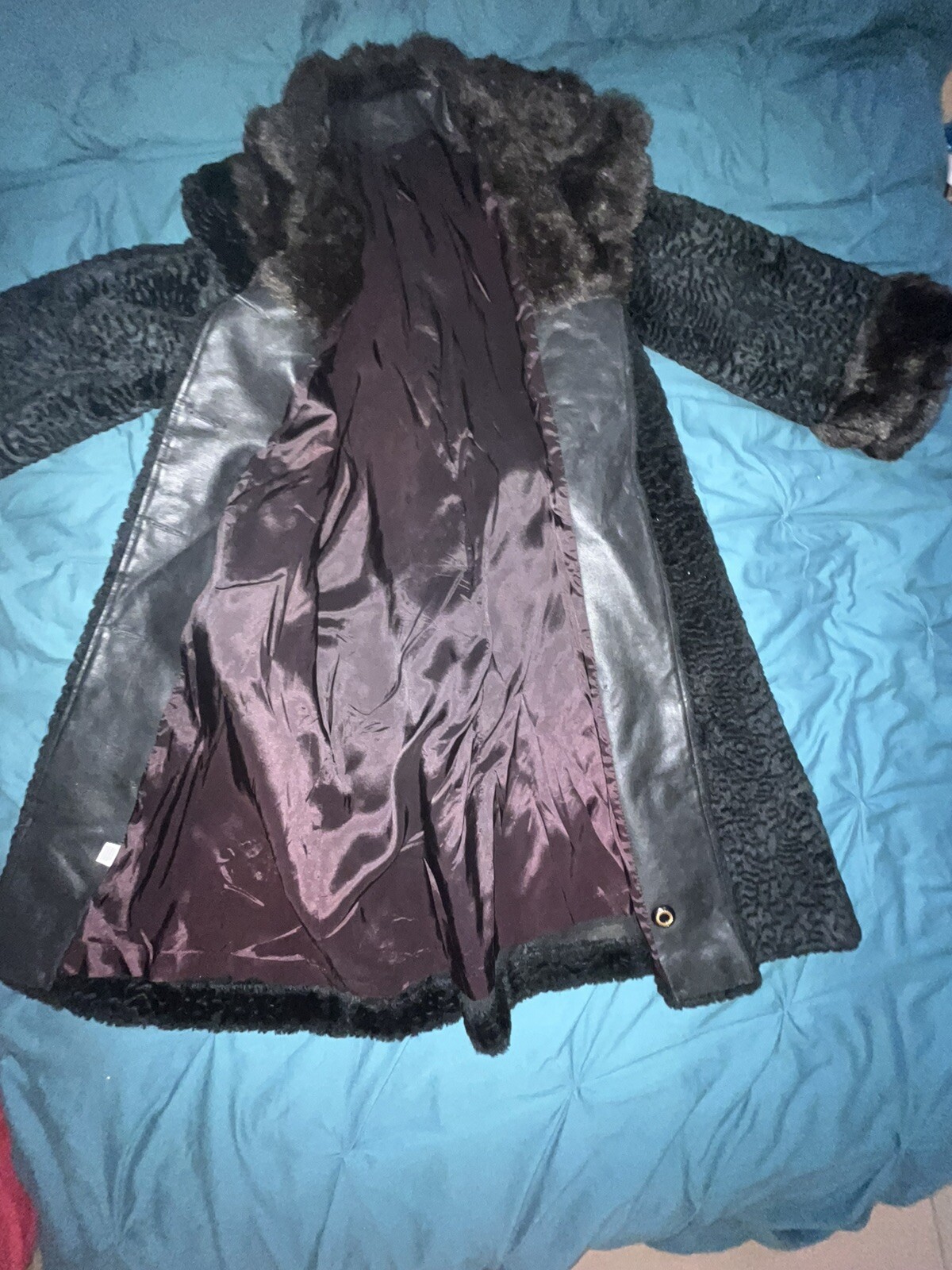 Vintage Coat Penny Lane Embossed Black Velvet &Brown Faux Fur 60s/70s Size L/XL
