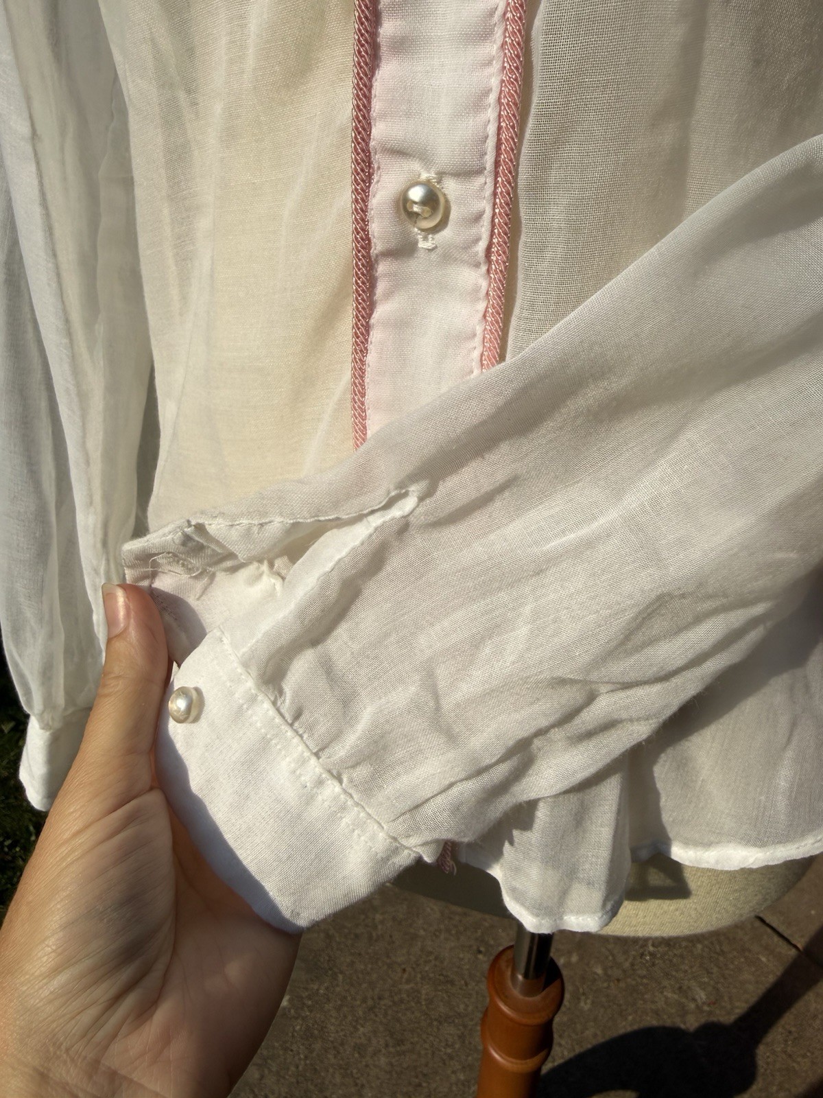 Vintage 70s Blouse Poly Cotton Semi Sheer Embroidered Cottagecore Coquette S