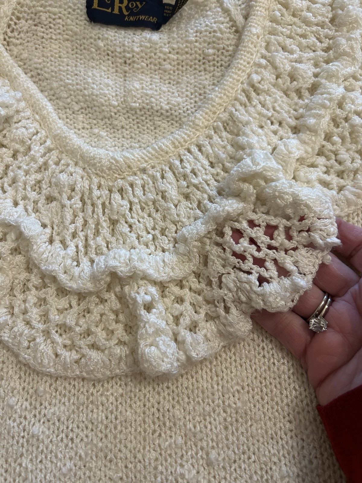 Vtg 80s LeRoy knitwear Ivory Sweater Sz Small Ruffle Crochet Cottagecore Frilly