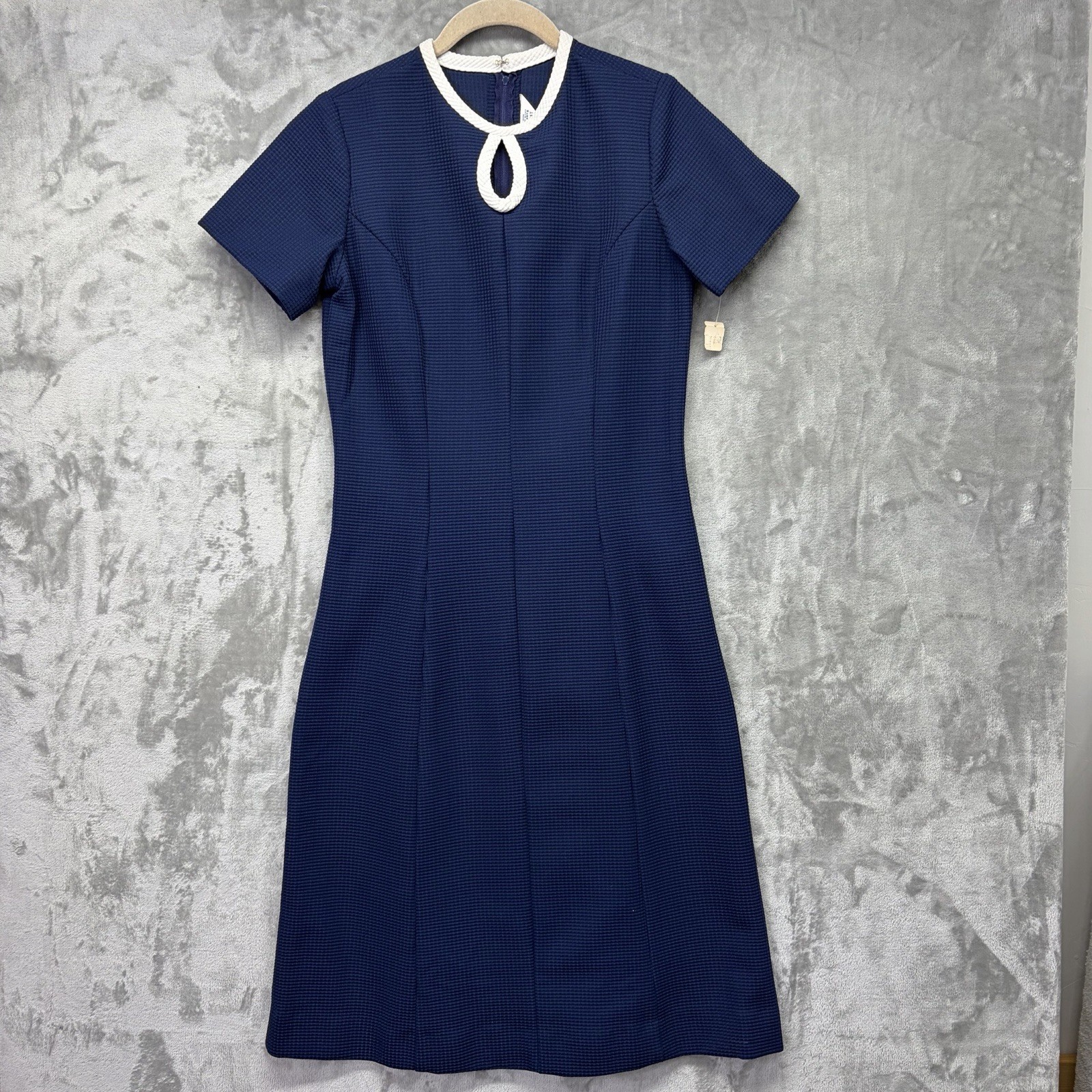 Vintage Womens 60’s Mod A-Line Dress 14T Navy White Keyhole Pinup Union Made NEW
