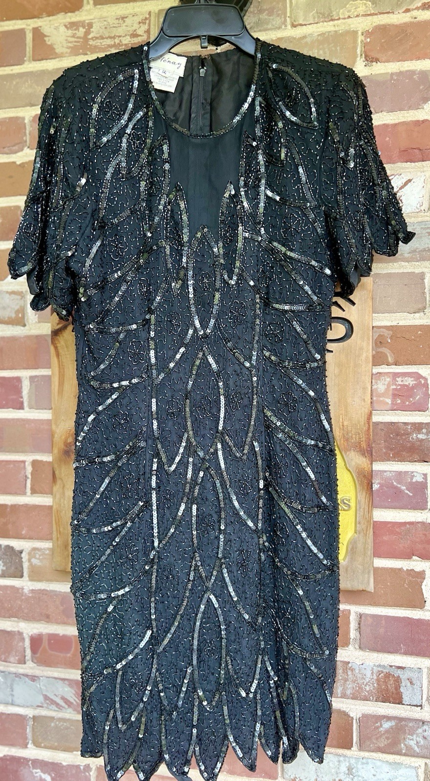 VTG Stenay Silk Beaded Cocktail Dress Size 14 Black Sequin Short Sleeve Retro