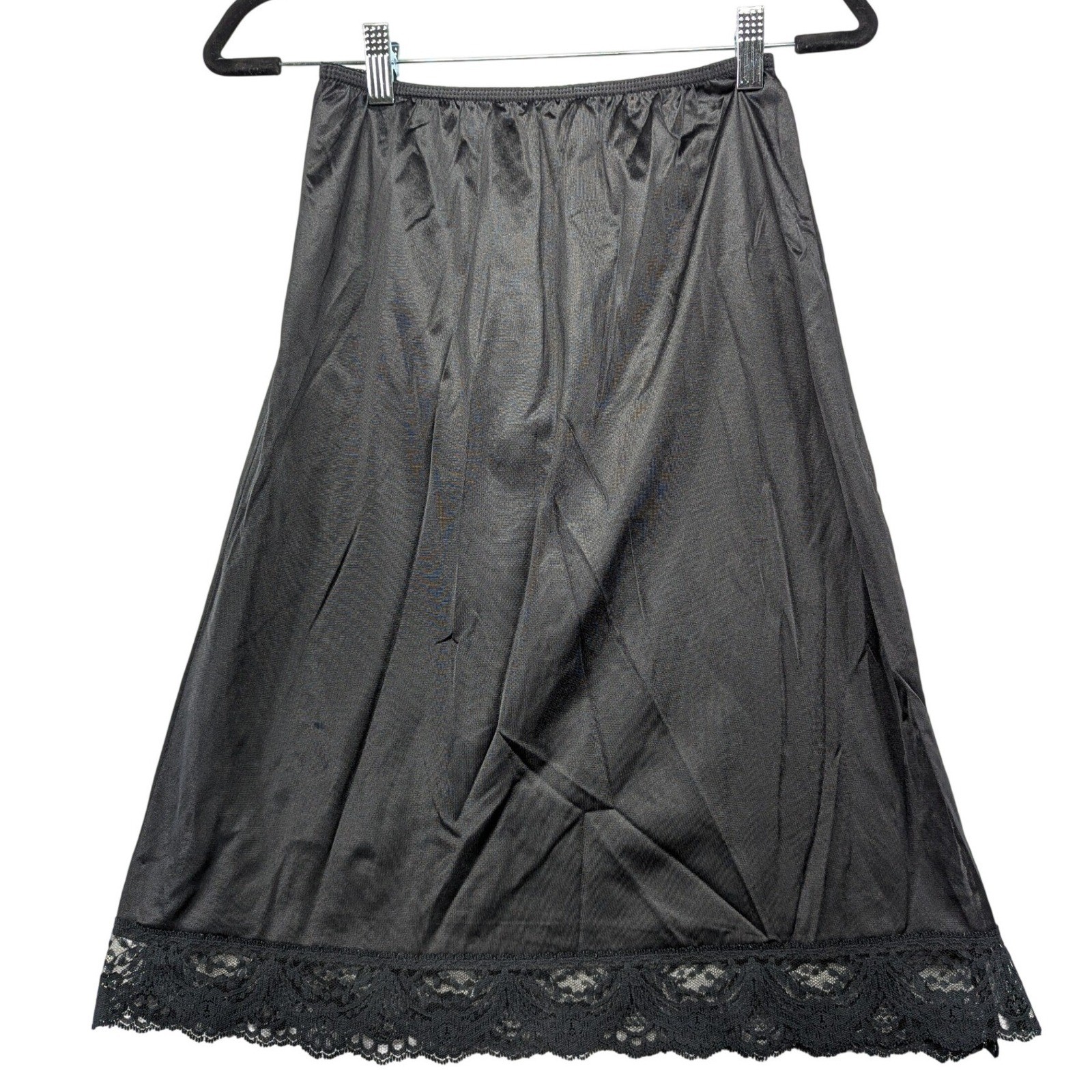 Vintage Black Nylon Tricot Half Slip Lace Trim Non-Cling Made in USA Medium