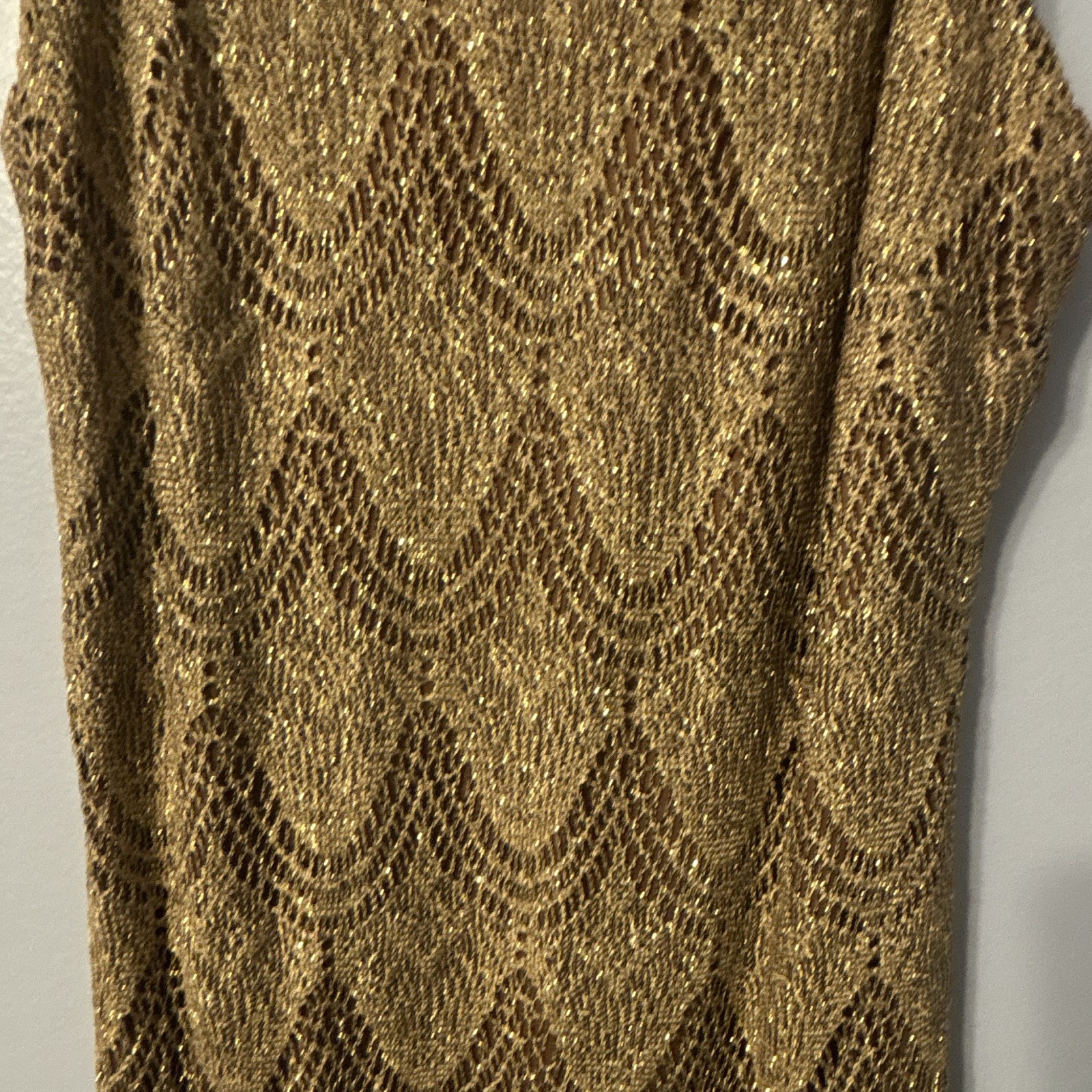 Vintage S. L. Fashions Gold Metallic Lace Shift Fringe Hem Knee Dress Size 6