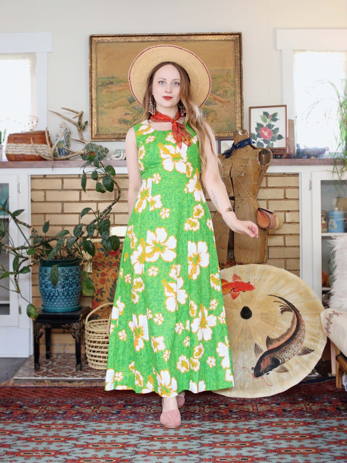 VTG Robin Art of Hawaii Green Hawaiian Barkcloth Dress 1970s Maxi Cotton dress