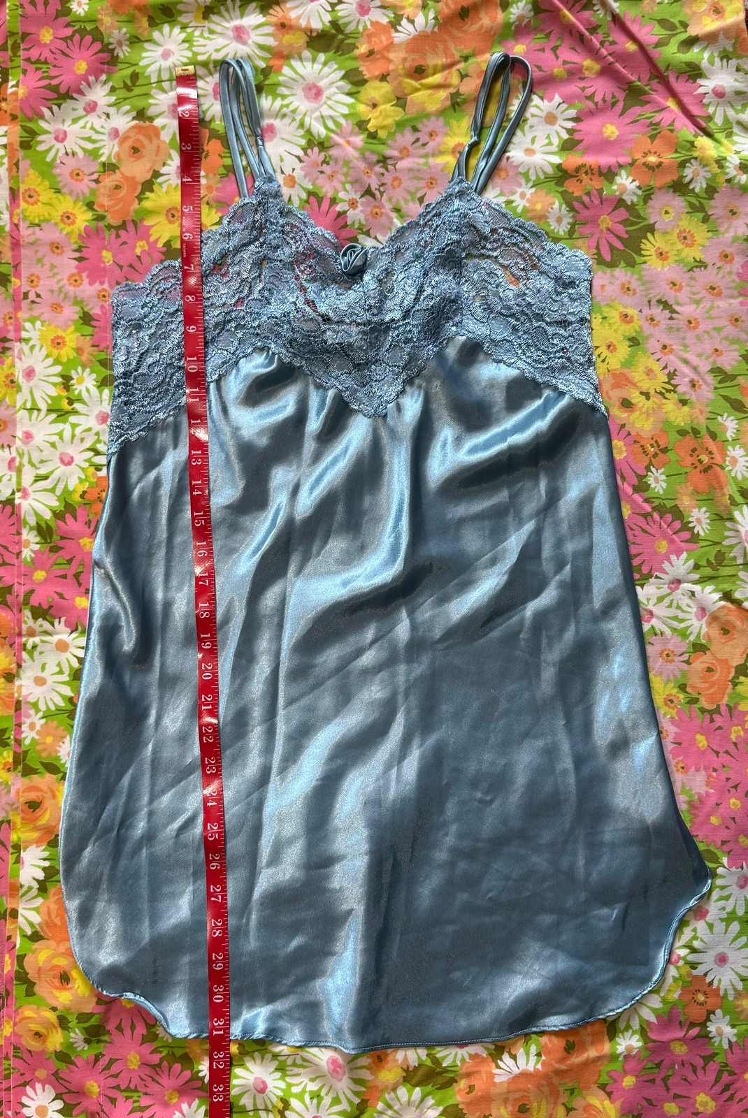 Vintage 90s Silky Satin Slippery Lingerie Lace Rose Baby Doll Blue Slip Dress S