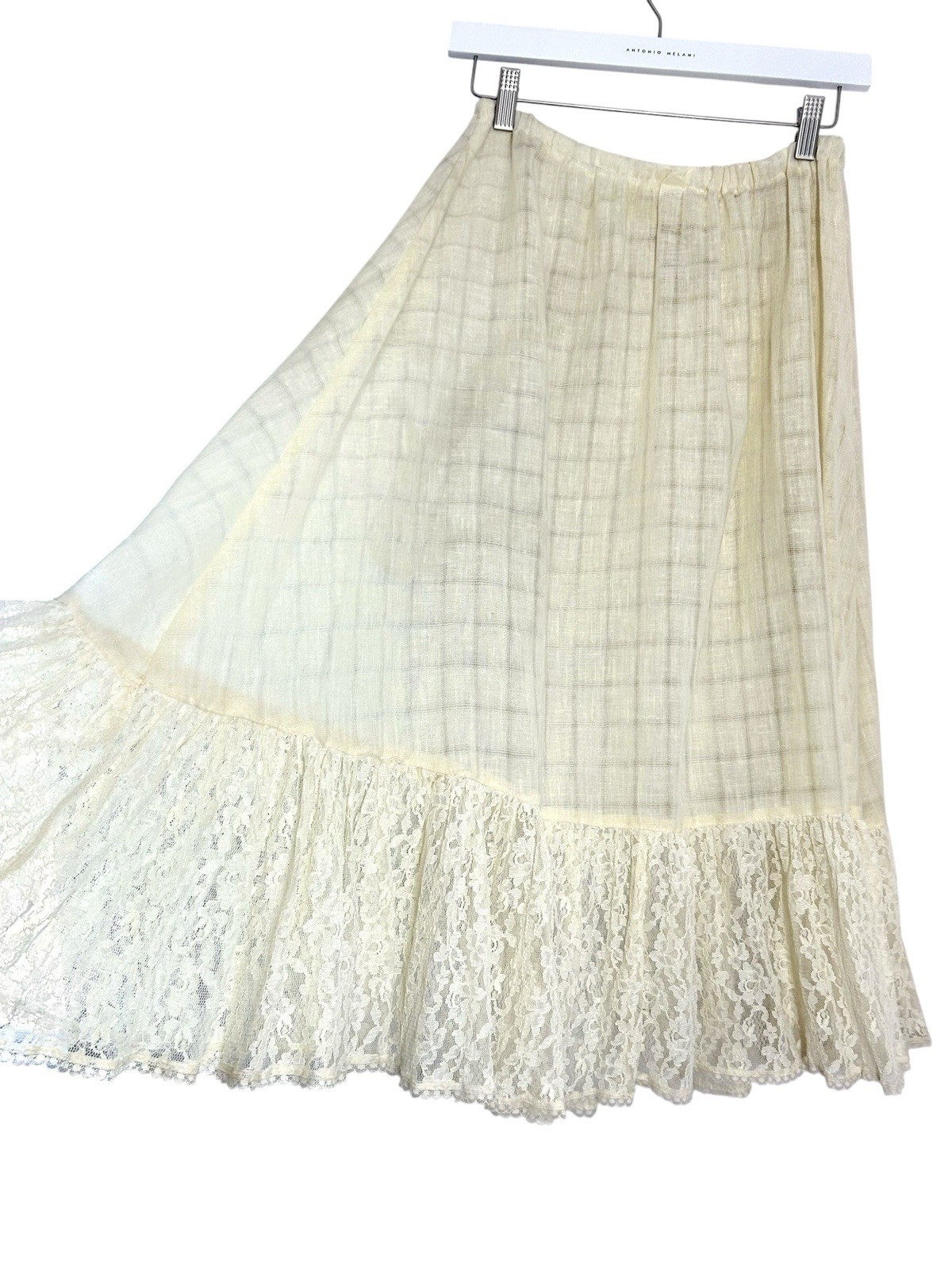 Gunne Sax 70s Vintage Semisheer Cream Lace Trim Midi Skirt Boho Cottage Prairie
