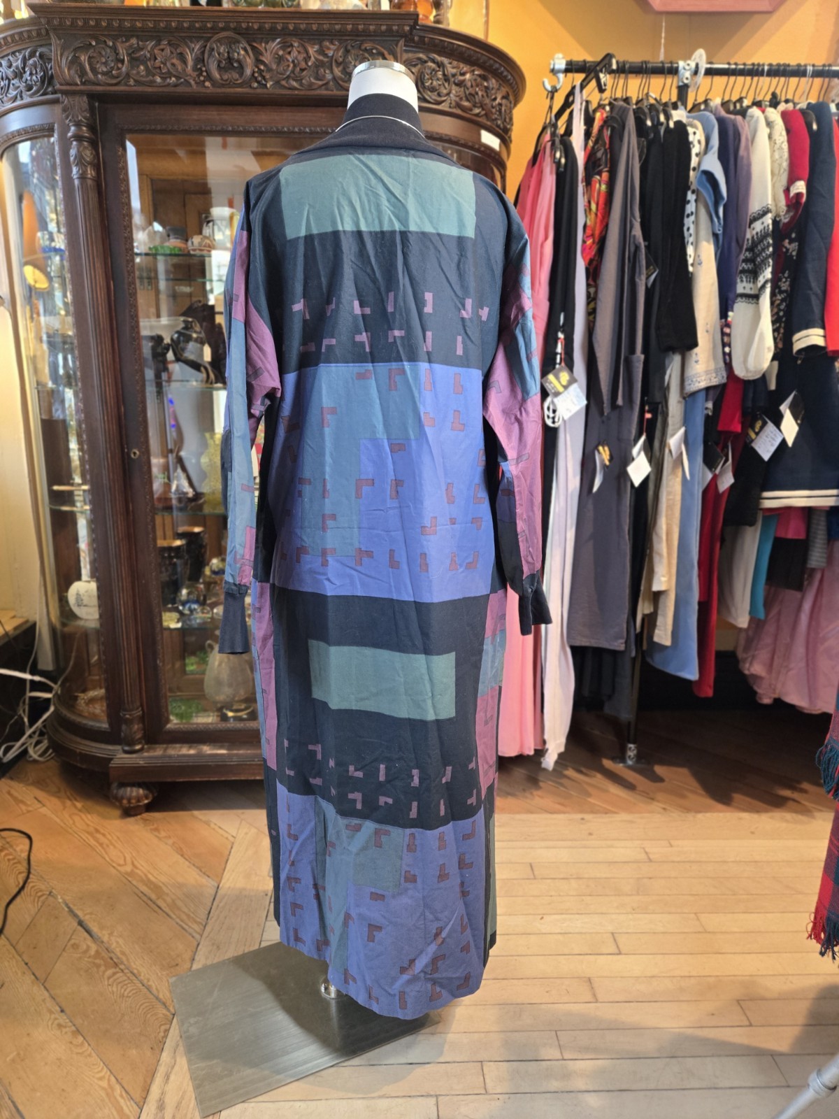 Vrg 1980s MARIMEKKO Purple Black Blue Cotton Geometric Long Sleeve Kaftan Dress