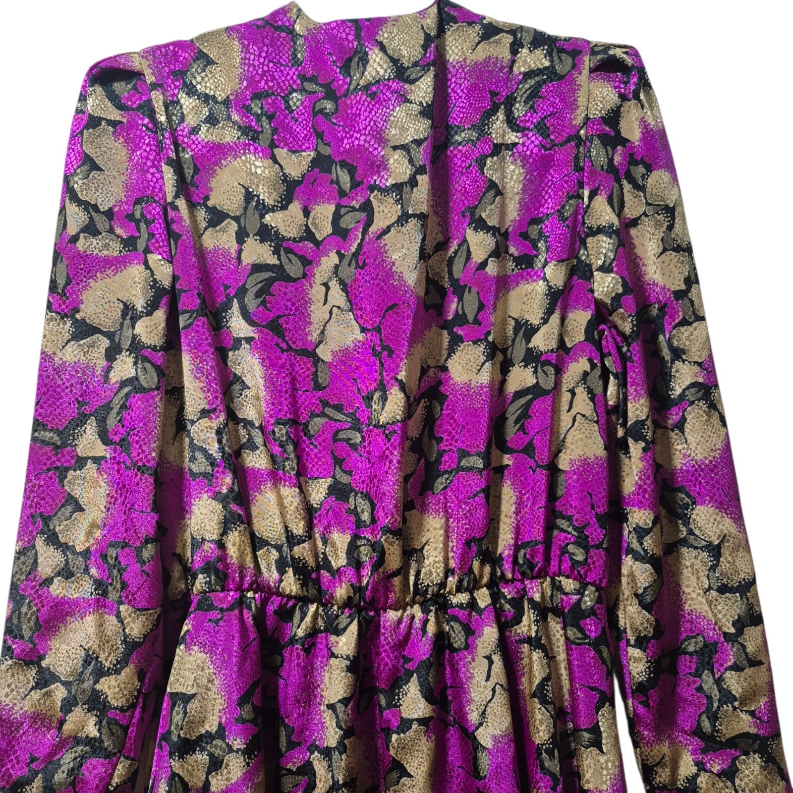 Vintage Satin Floral Crossover V-neck Puff Sleeves Peplum Pink/Multi Dress 12