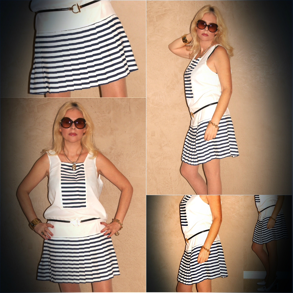 Vintage 50-60s SAILOR Nautical STRIPED White Navy PLEATED Mini PINUP Dress