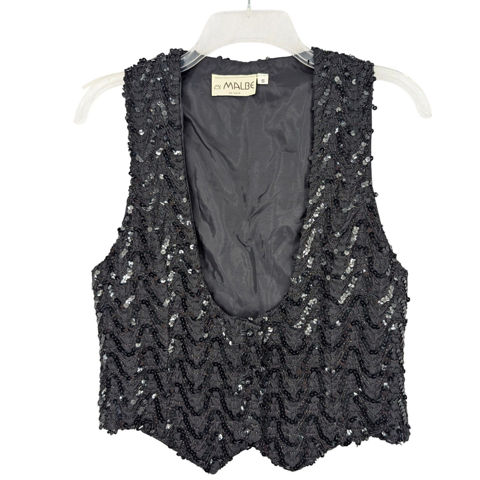 Malbe Vintage Black Sequin Cropped Vest Womens Small V-Neck Zig Zag Glam