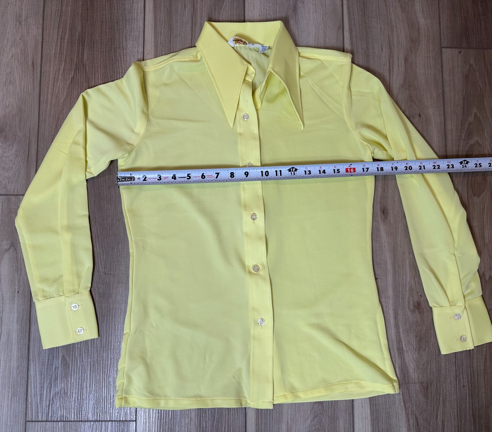 Vintage 70s Yellow Polyester Knit Disco Blouse Dagger Collar Hong Kong Sz 10