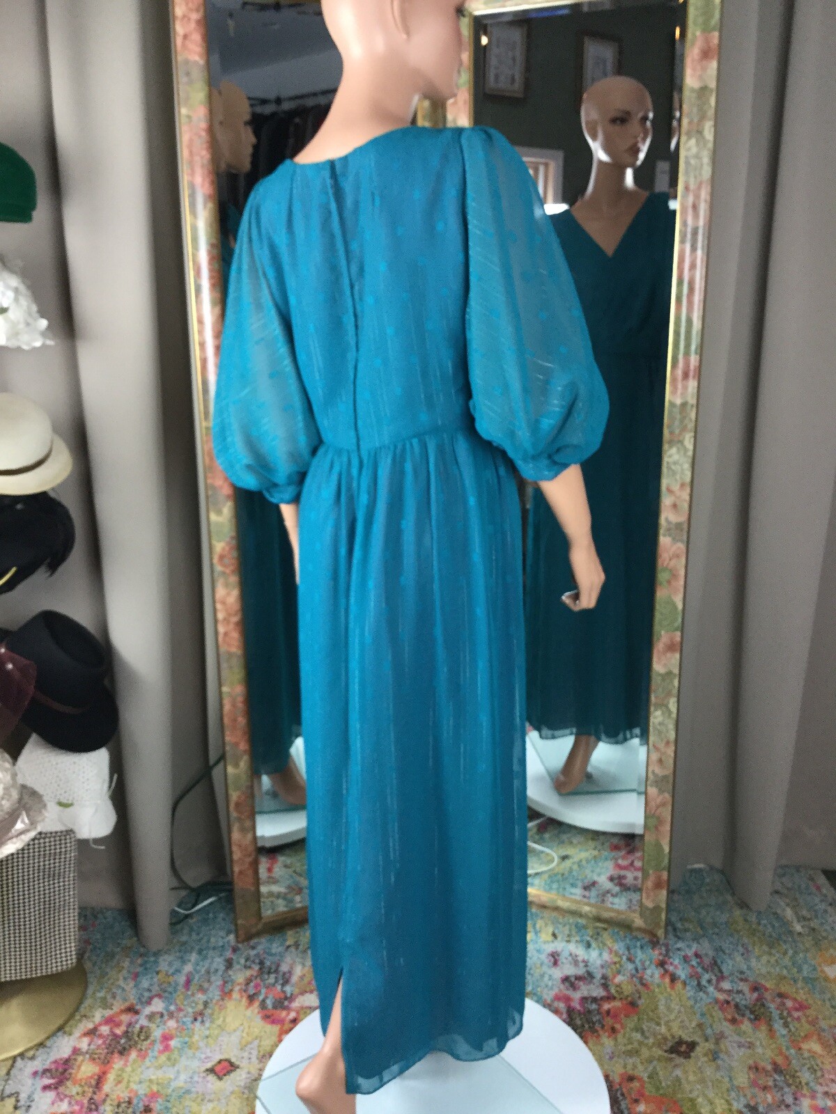 VTG David Morris Maxi Blue Silver Thread Gown Dress Lined Sz 10 Huge Sleeves