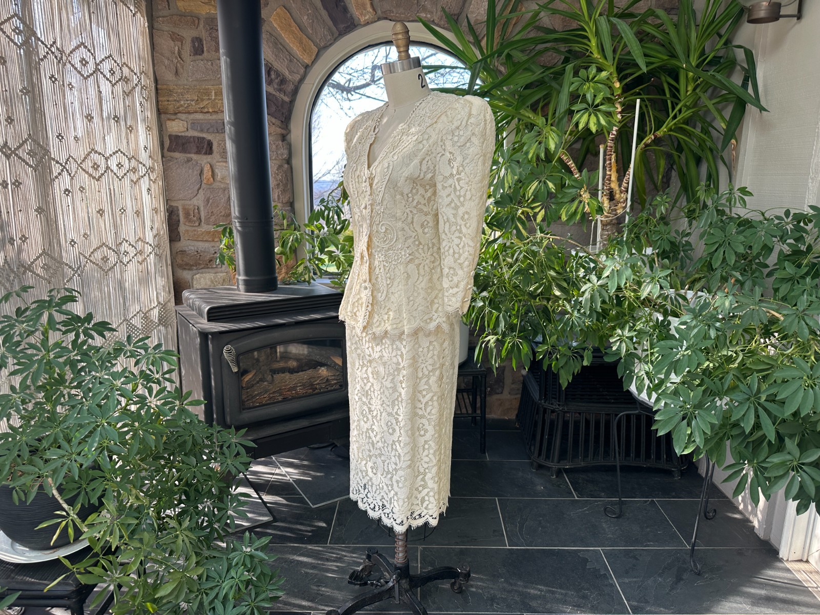 Vintage 1980s Greg Adams Formal 2 Piece Ivory Lace Bridal Wedding Suit