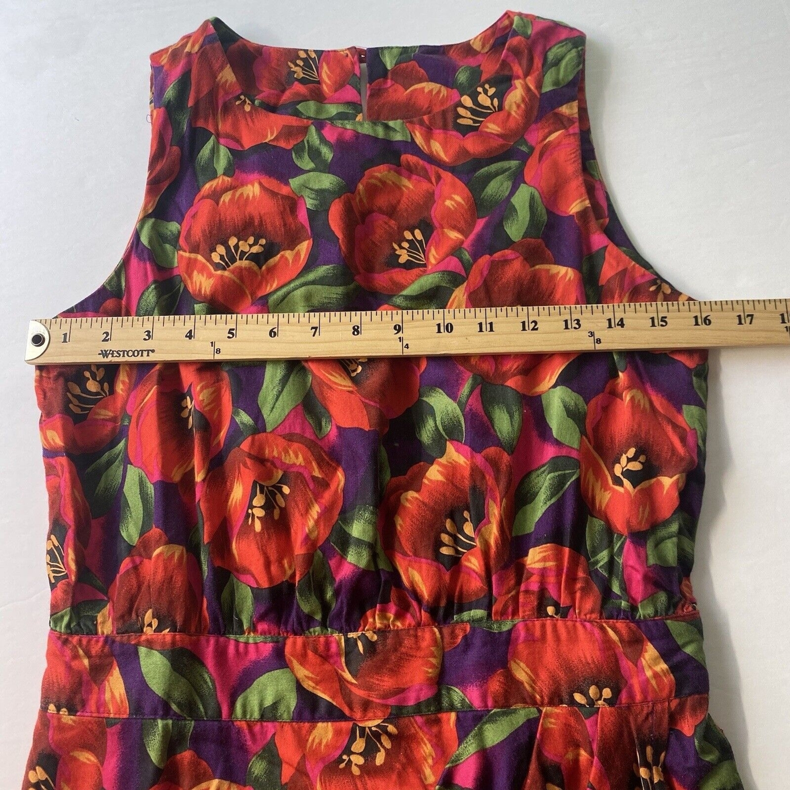 80’s Vintage Alain Toussaint Red Purple Floral Sleeveless Faux Wrap Dress,Resort