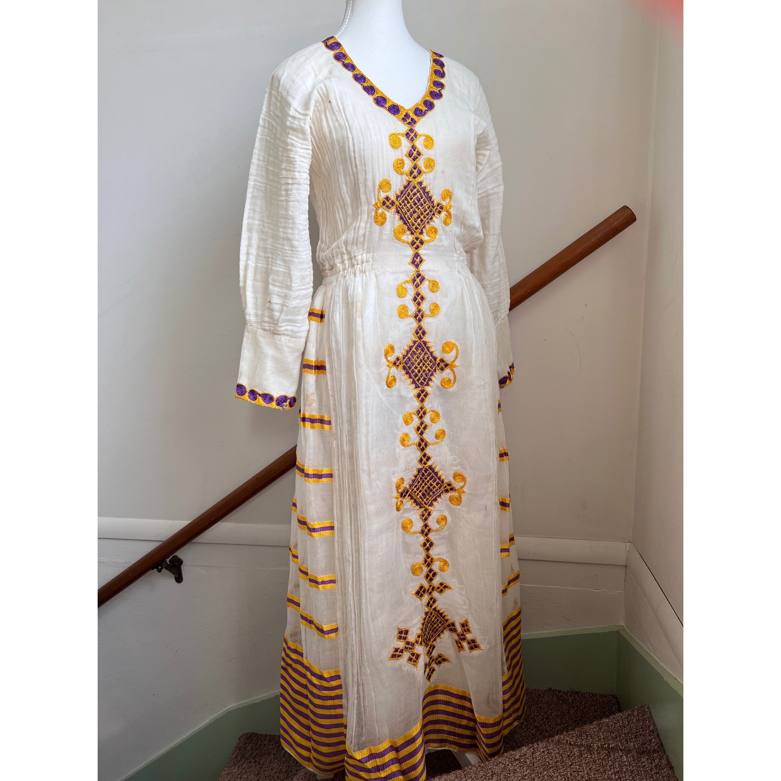 Vintage Embroidered 70s Maxi Dress White Gauze Cotton Purple Gold Tilla Boho