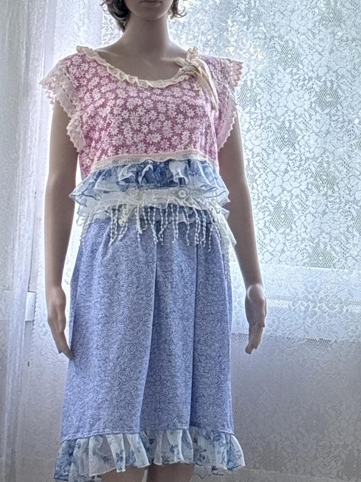 Upcycled handmade tunic dress with belt scarf lace ruffles rhinestones