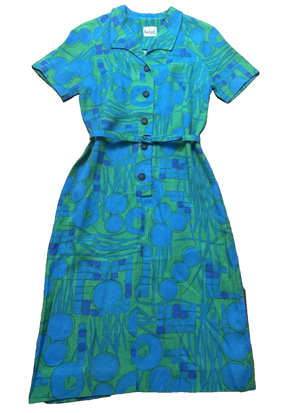 Vintage 1960s Pencil Dress Sanford Originals SS Green Blue Woven Print Sz S