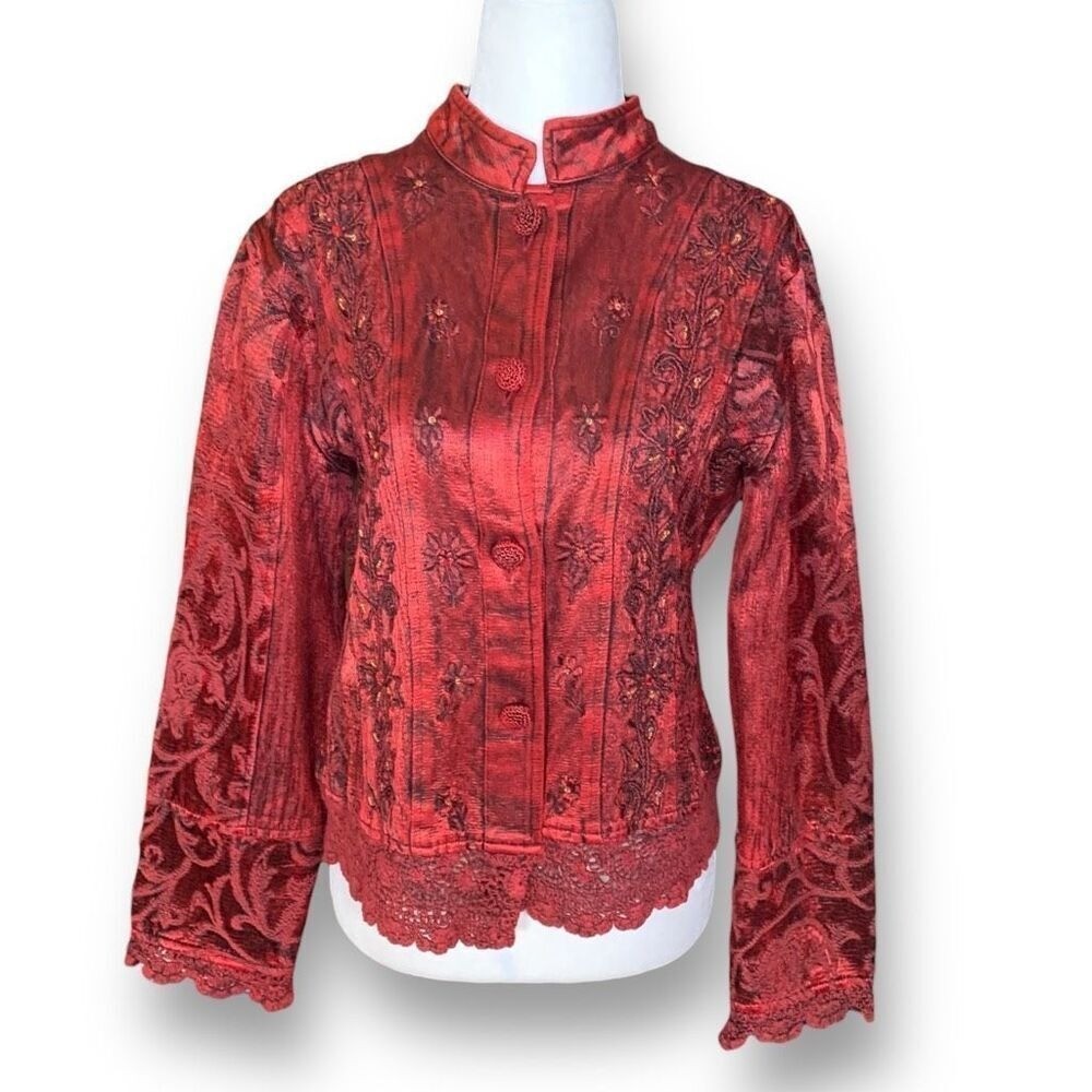 Vintage Flashback Jacket Metallic Cherry Red Floral Detail Lace Embroidery
