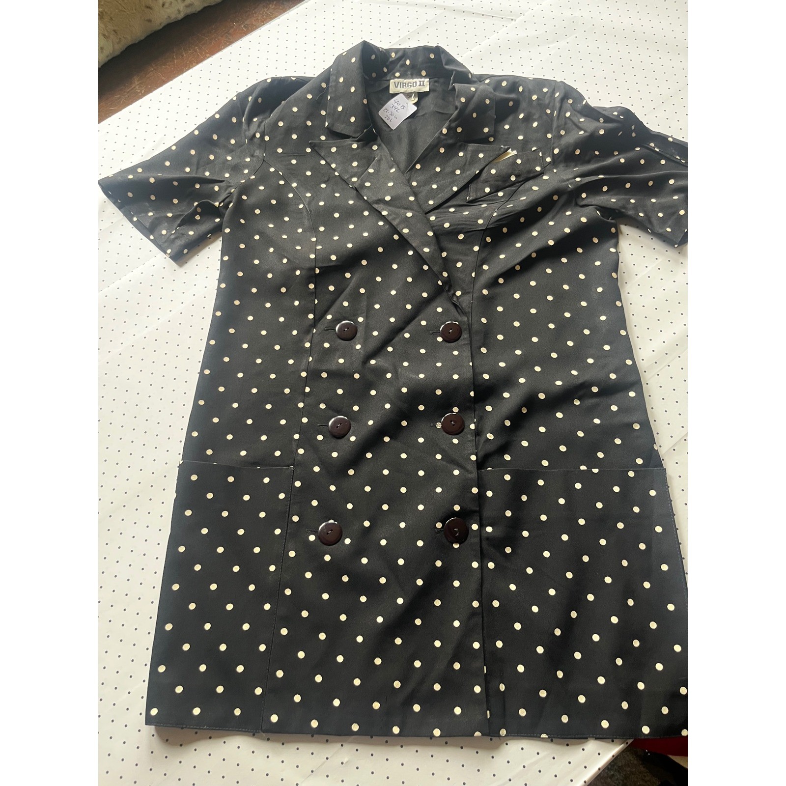 Vintage Virgo 2 Piece Skirt Suit Set Black Polka Dot Short Sleeve Blazer Sz 10