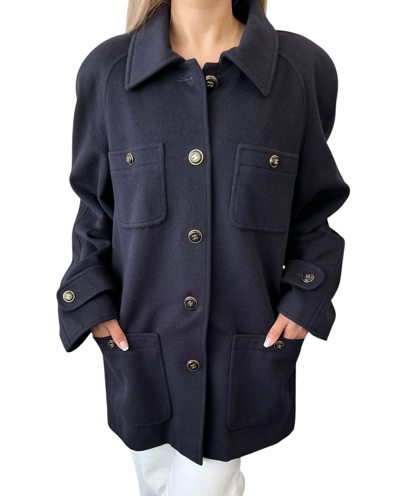 CHANEL Vinatage 95A CC Logo Button Coat Jacket #38 Cashmere Dark Blue Gold