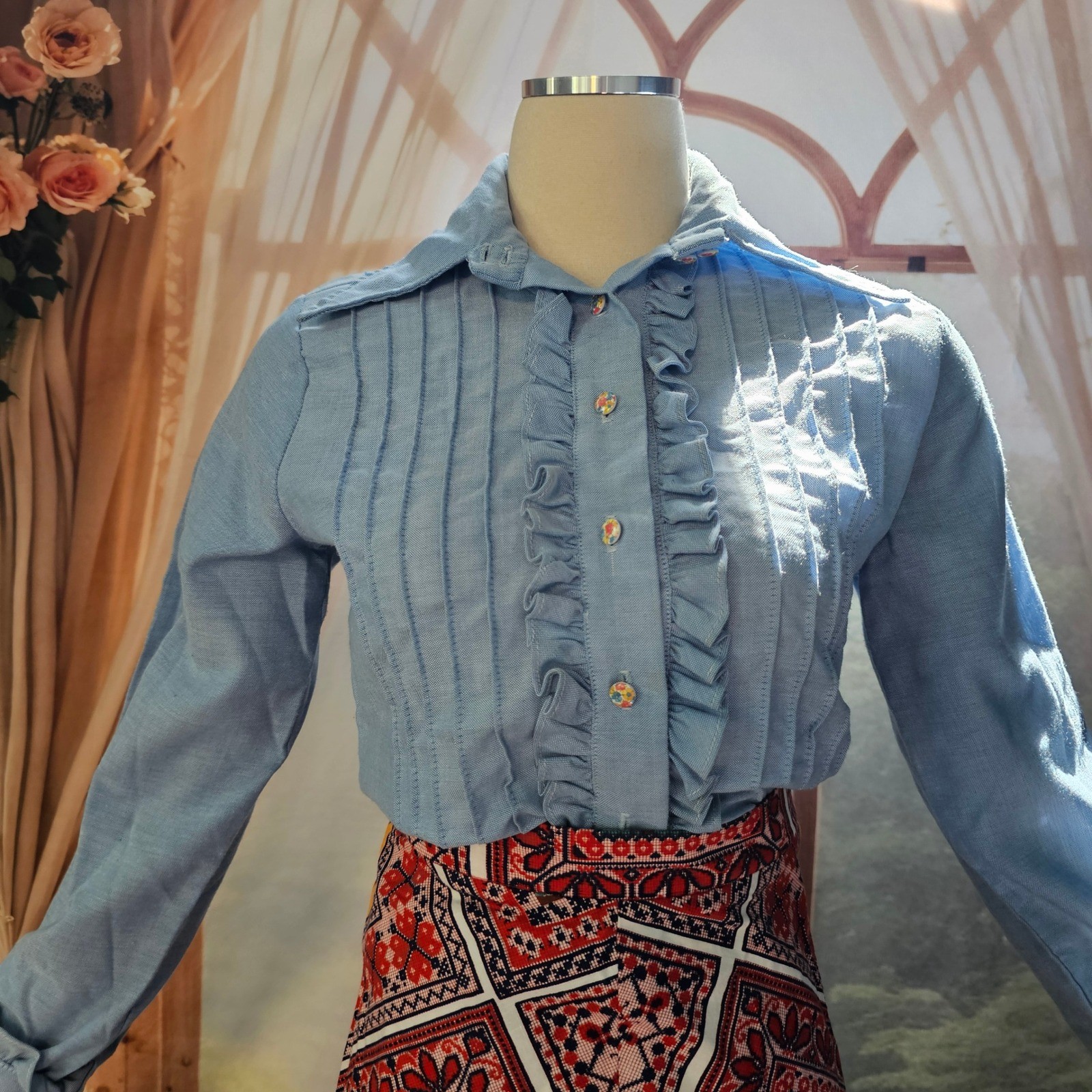 Vintage 1970s Light Blue Ruffled Tuxedo Blouse Pintuck Top Pointed Collar