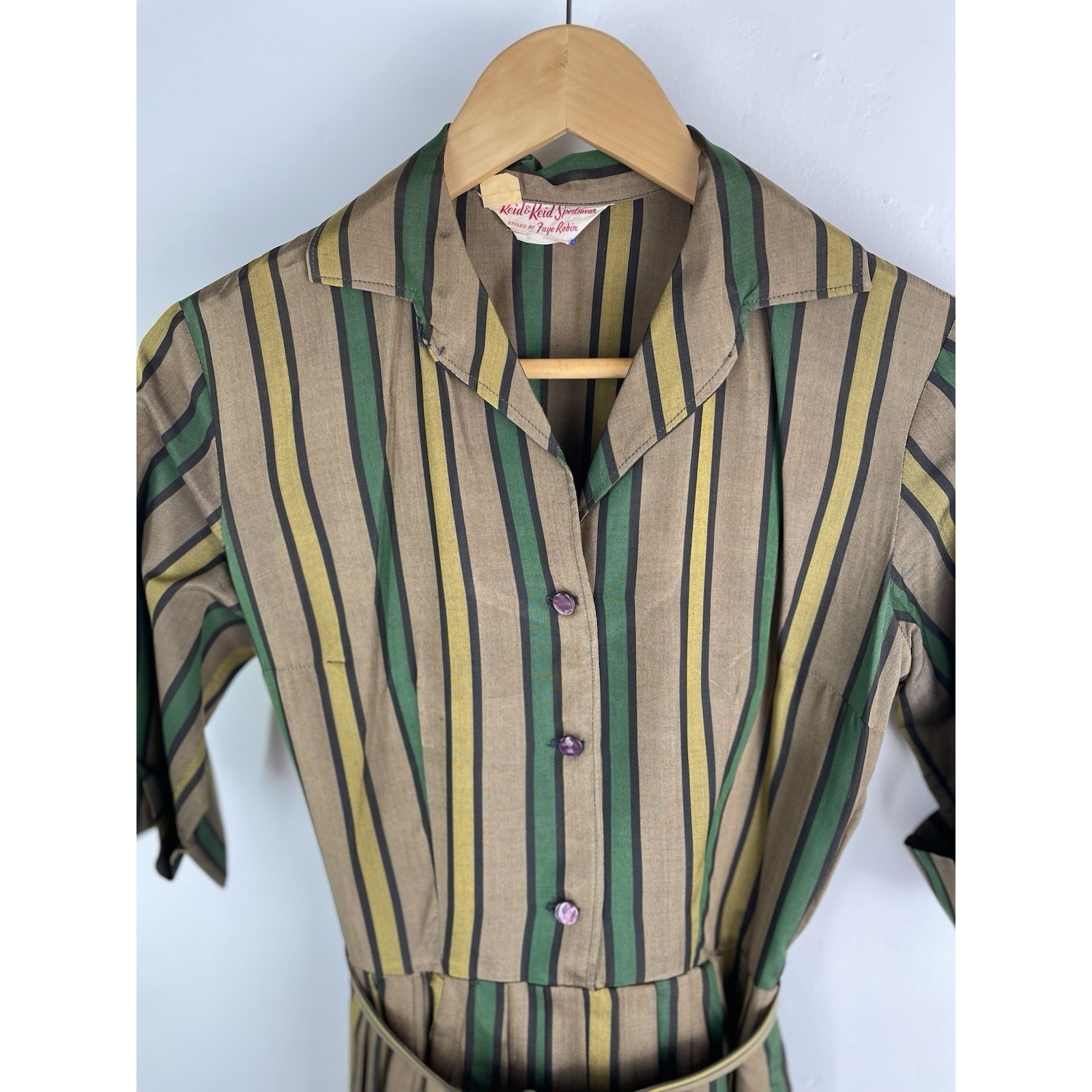 VTG 50s Silk Stripe Shirt Dress Reid & Reid by Faye Robin Side Zip UNION (Flaws