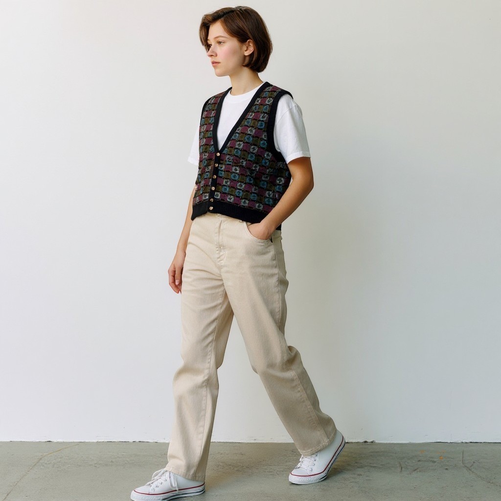Vintage Crossings Fine Line Geometric Knit Cotton Sweater Vest Made in USA Med