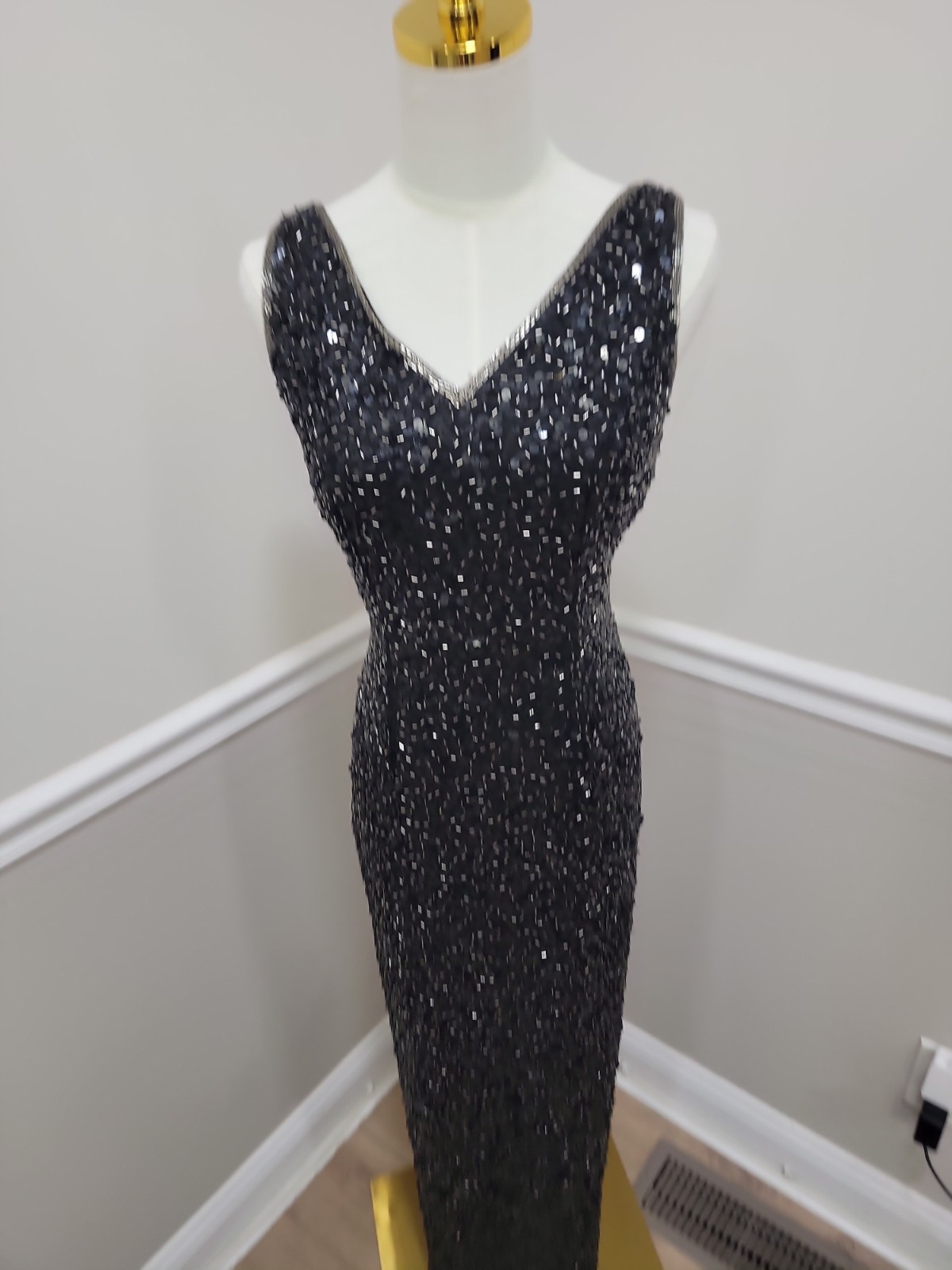 VTG 90s Black Sequin Column Gown Sleeveless Silk Evening Formal Prom Dress Med