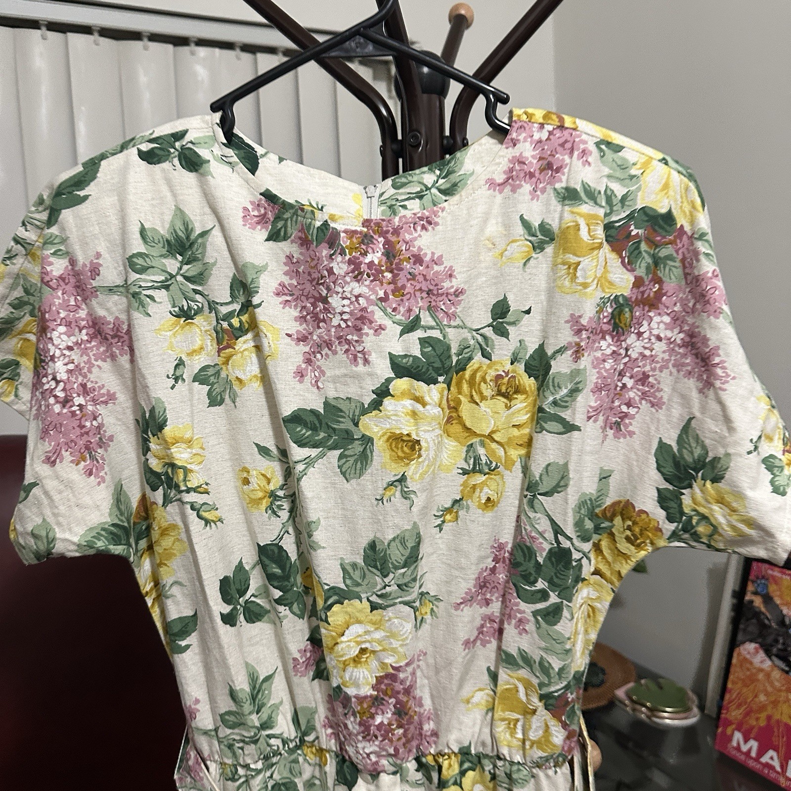 Vtg 80s California Looks Floral Midi Dress Cotton Linen Belted Made in USA 12P