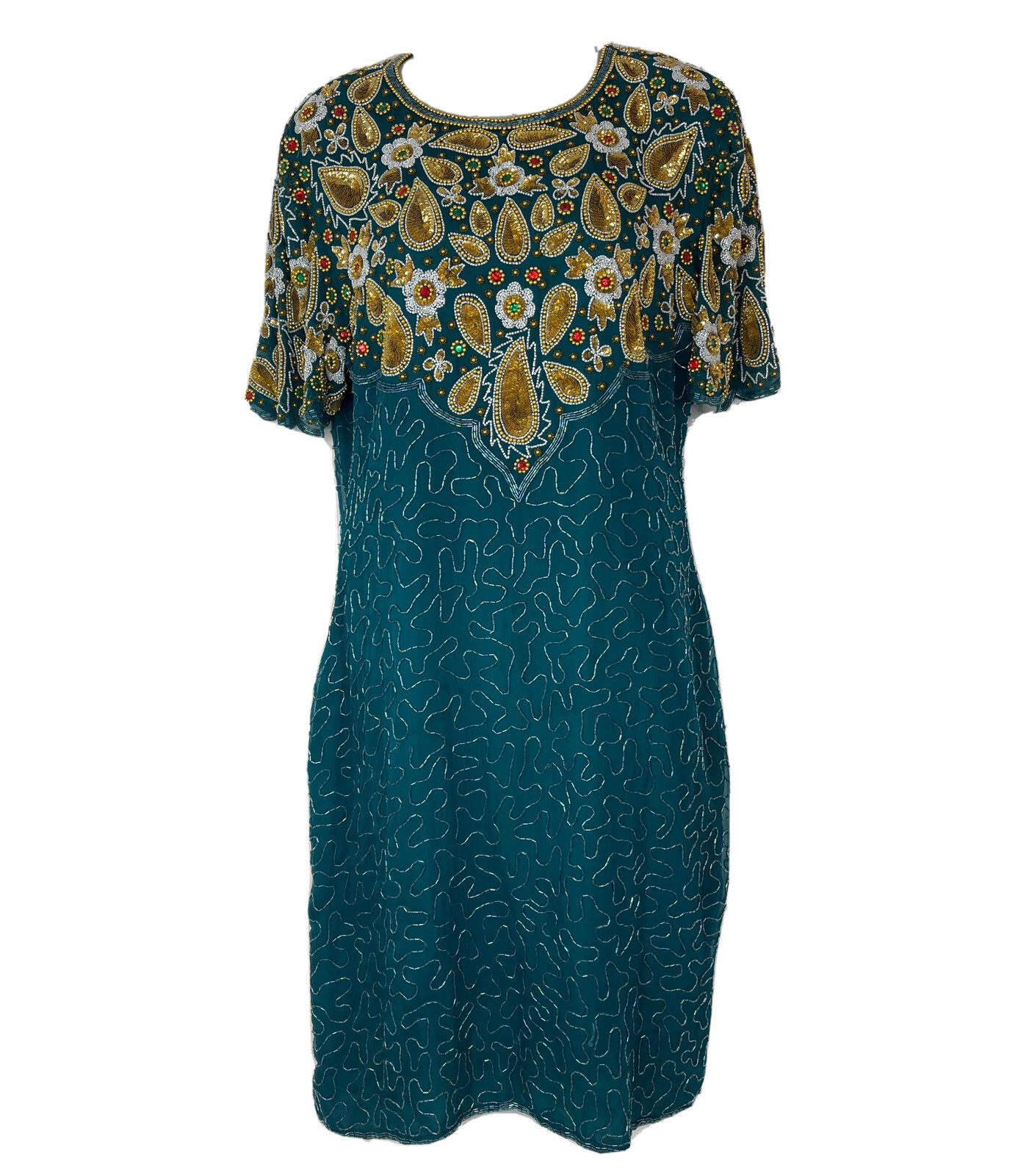Laurence Kazar Evening Dress NWT Beaded Bejeweled Silk Party Cocktail Teal L