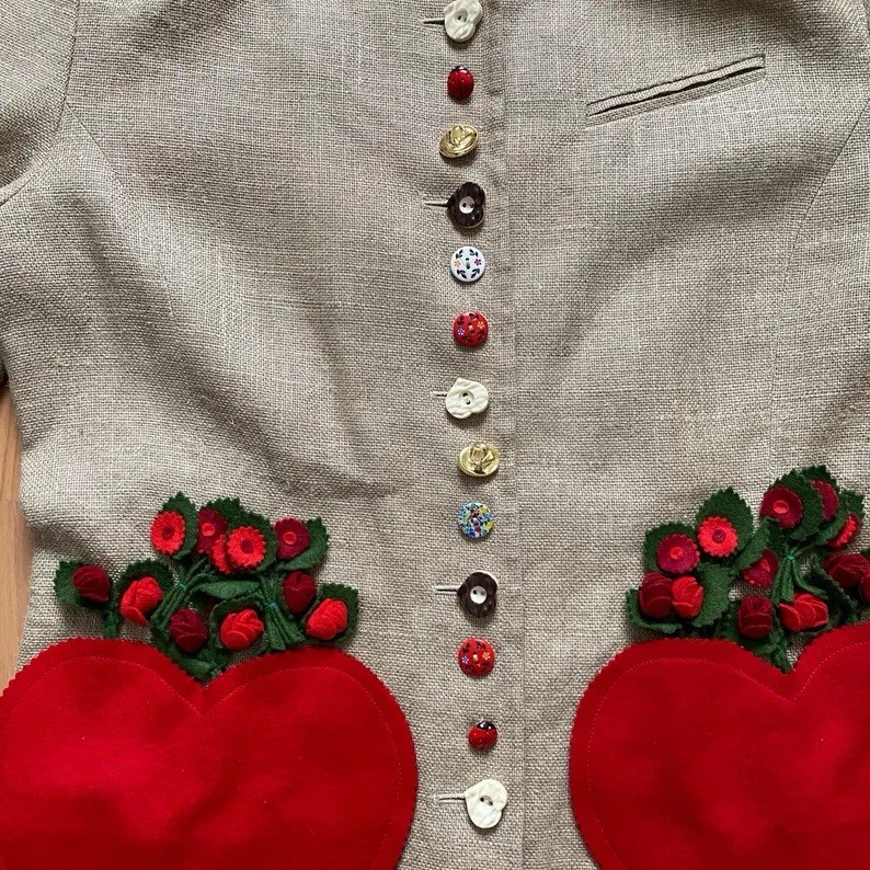 1980s Vintage Linen Blazer Novelty Bavarian Folk Trachten Jacket Retro EU 40