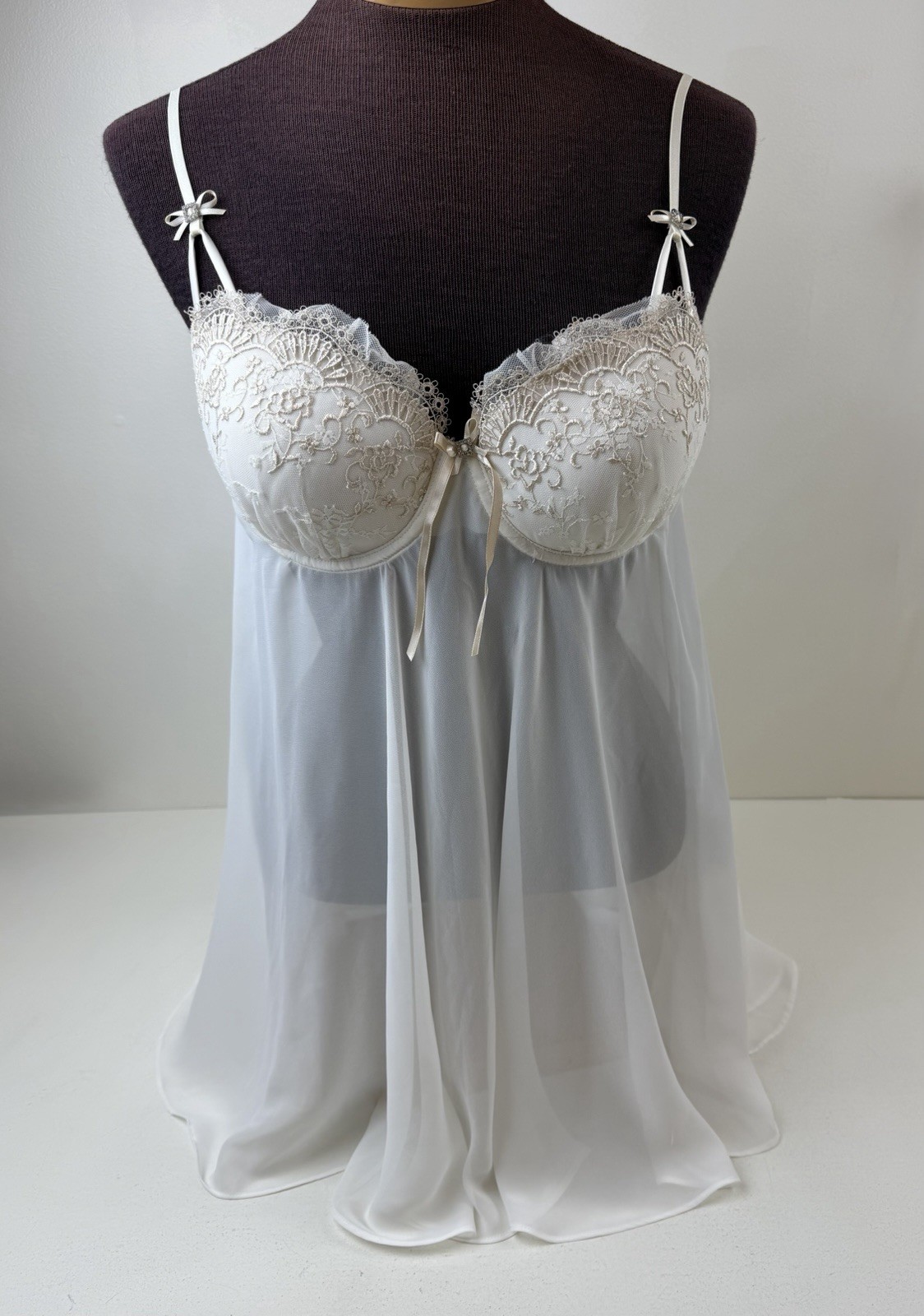 Vtg In Bloom by Jonquil Sz L Sheer White Lace Bows Fairy Lingerie Babydoll Sexy