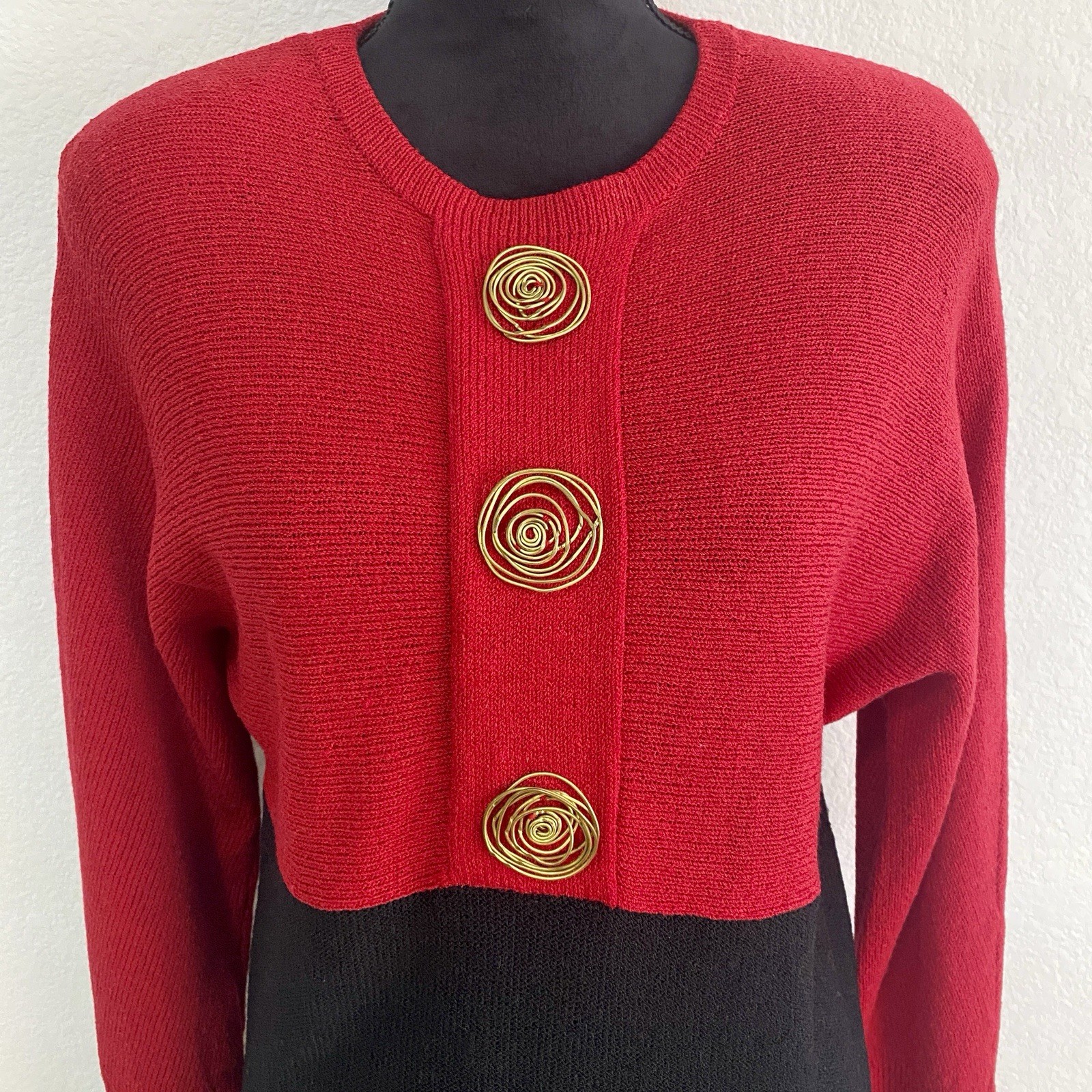 Steve Fabrikant Vintage Knit Dress Red Black Gold Button Wool Blend *Flaw In Pic