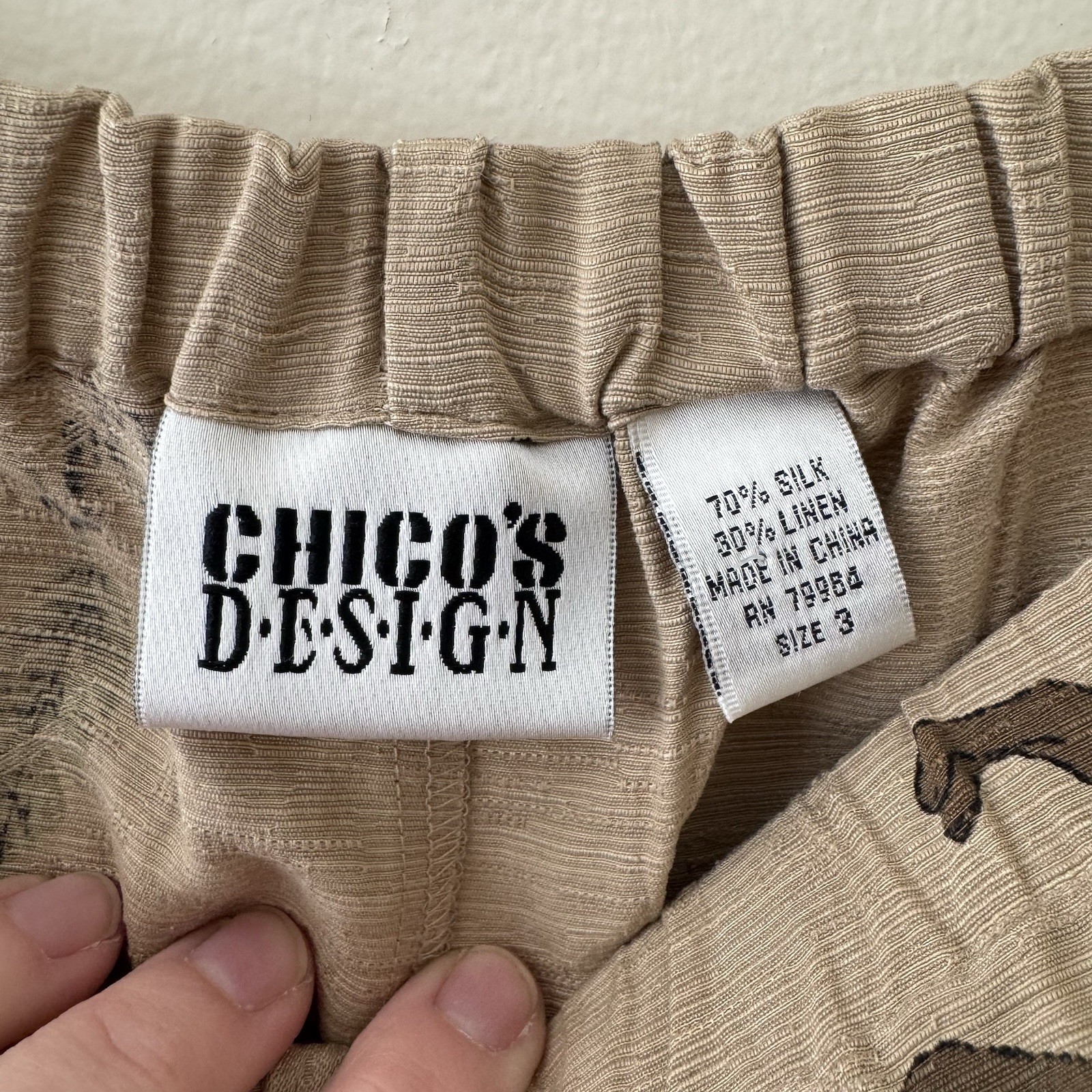 Vntg Chicos Design Silk Linen Pants Sz 3 (Large) Camel & Monkey Desert Chic 90s