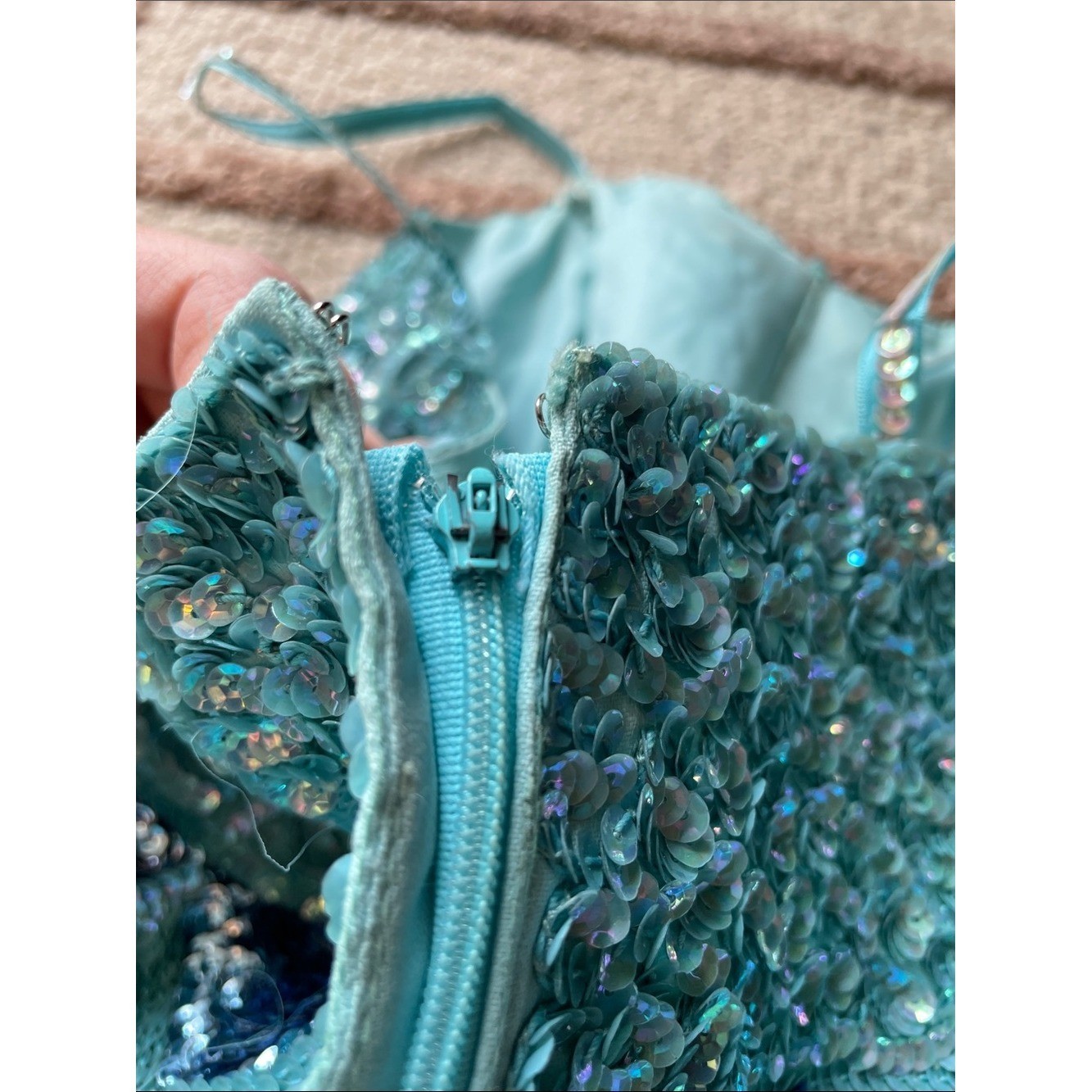 EUC Vintage 60s 70s Mike Benet Aqua Sequin Chiffon Sleeveless Maxi Dress Size 00