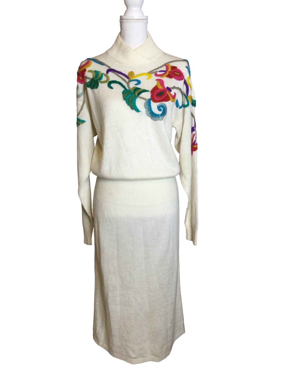 Vintage Darian Acrylic Knit Sweater Dress Crewel Embroidered Floral Slouch Midi