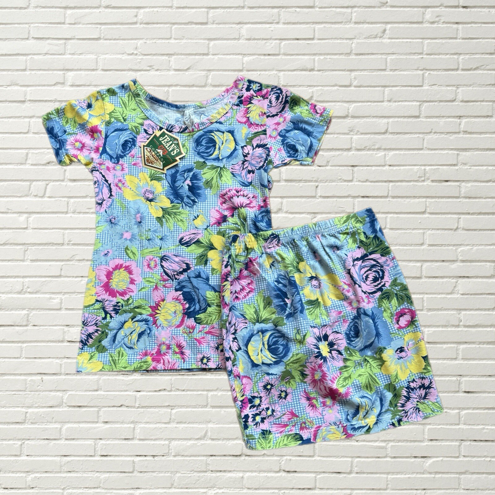 Vintage 80sblue Floral Print Top And Mini Skirt 2 Pc Set Deadstock NWT France