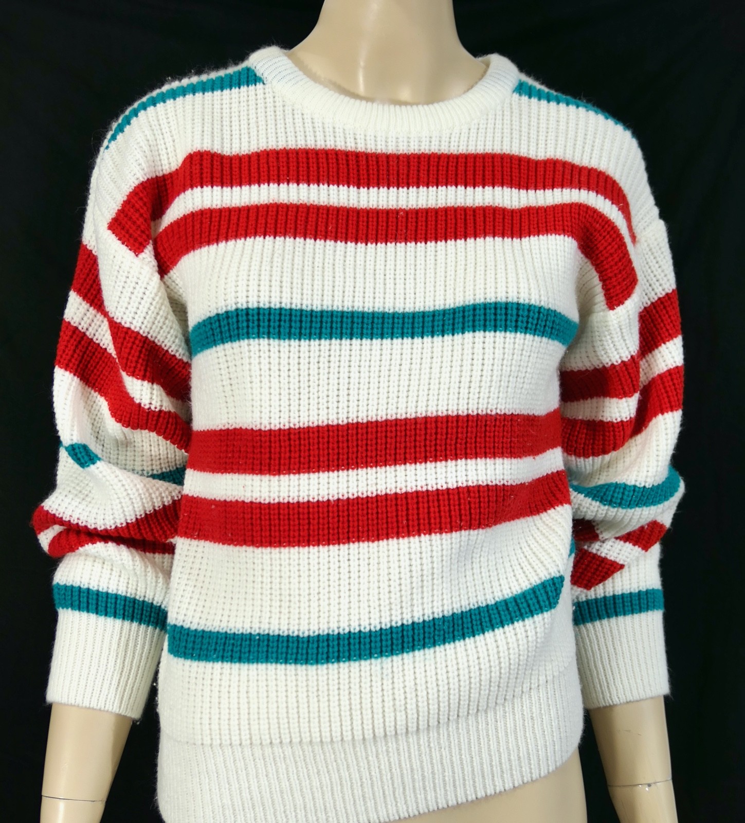 Vintage 80s Crewneck Bulk Sweater by Hunters Glen Preppy Red Teal Stripe M