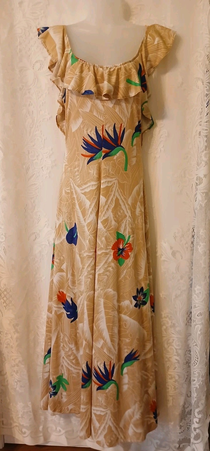 Vintage 70s Sears Hawaiian Birds Of Paradise Polyester Ruffled Maxi Gown Dress M