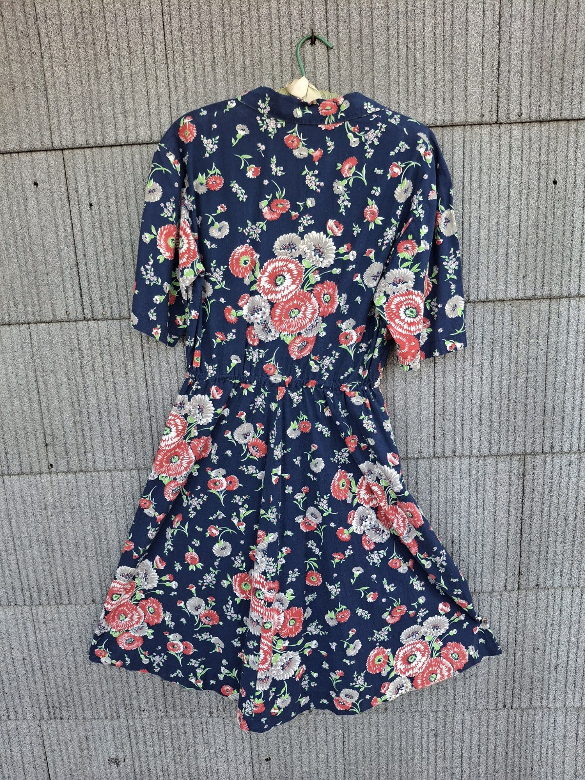 Vintage 1940s Red Blue Gray Floral Print Dress A Line Circle Skirt