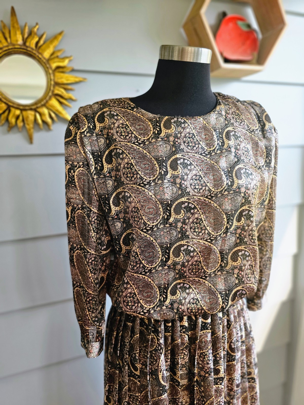 Vintage 80s Damon Petite Paisley Pleated Dress Black Gold Sheer Long Sleeve S/M