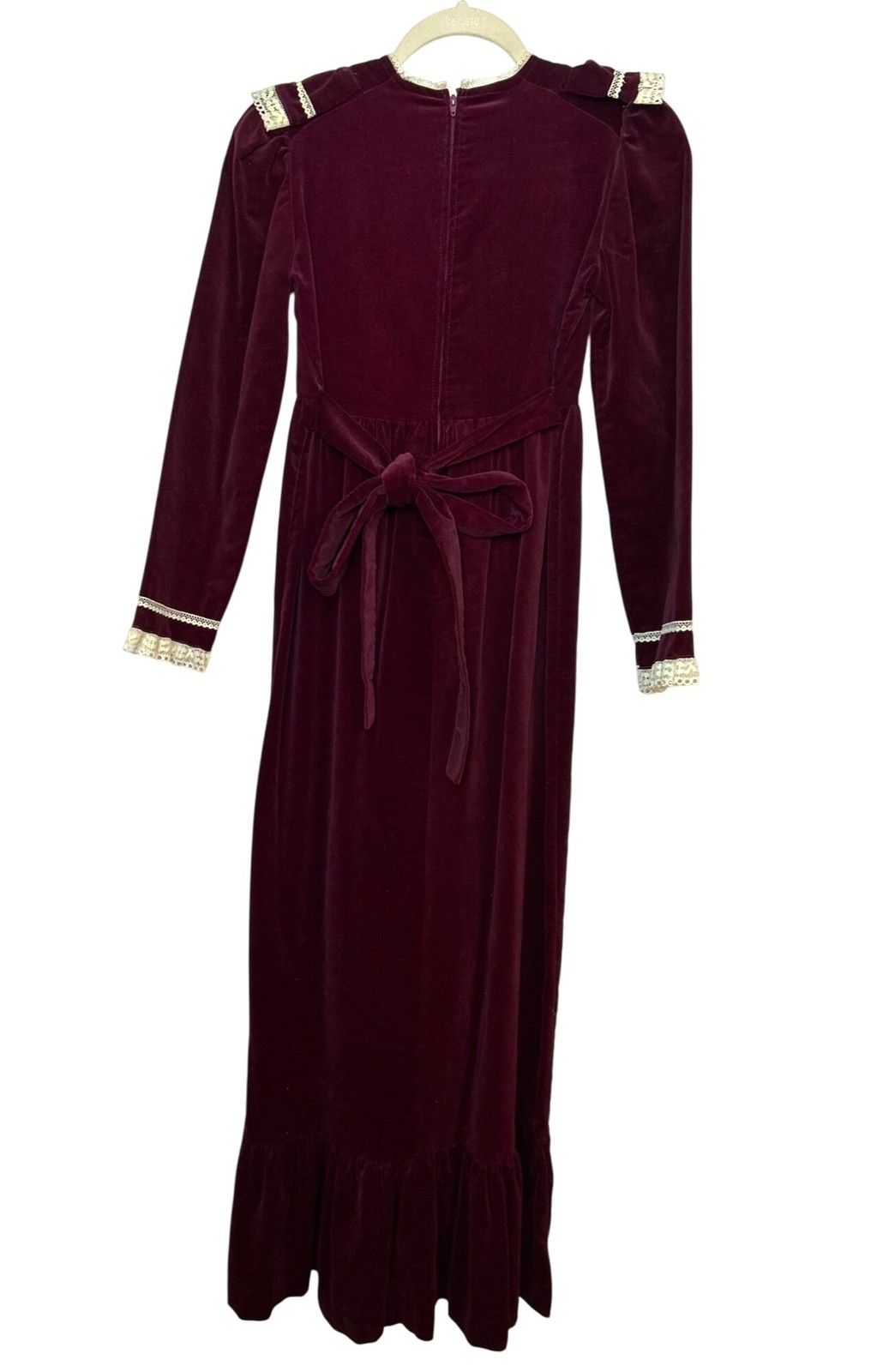 Vintage Burgundy Velvet Prairie Dress Lace Trim & Bow Detail Long Sleeve Ruffle