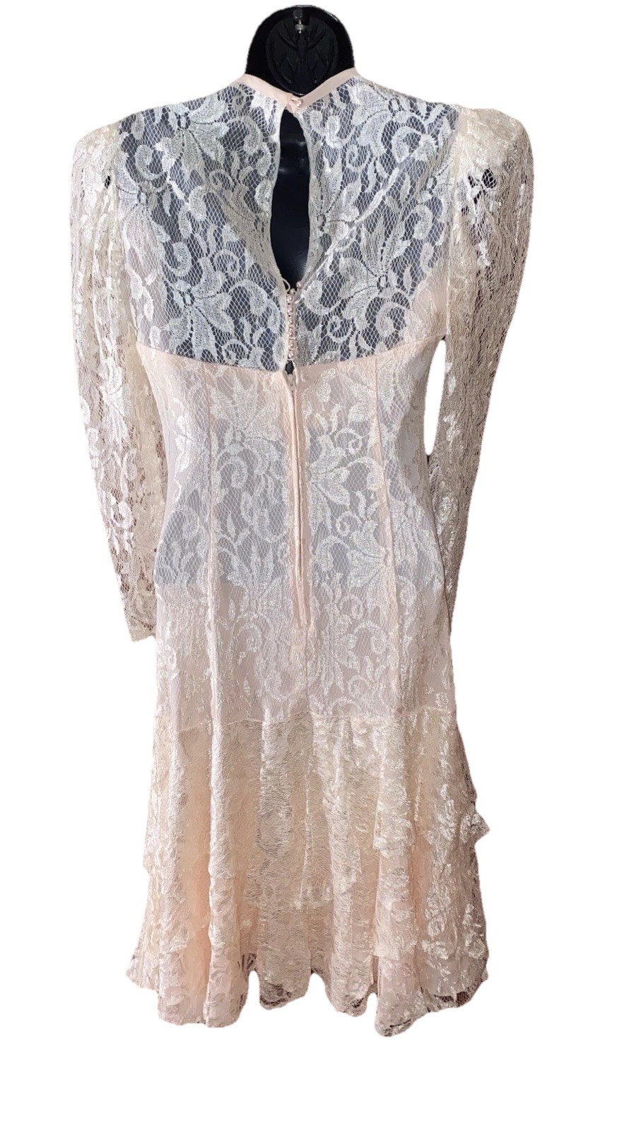 Vtg 80s Womens Victorian Ivory Lace Ruffle Prairie Prom Wedding Dress Sz 8 FLAW