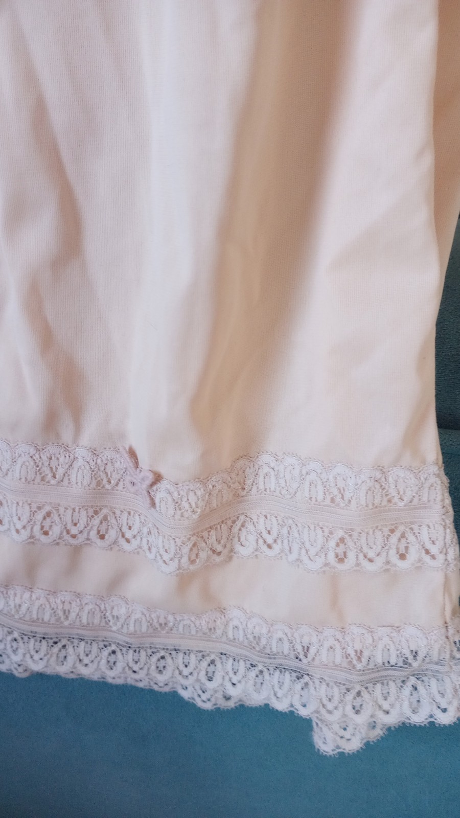Vintage Mary Jane 1/2 Slip Peach 100% Antron III Nylon Lace Womens L Fancy USA